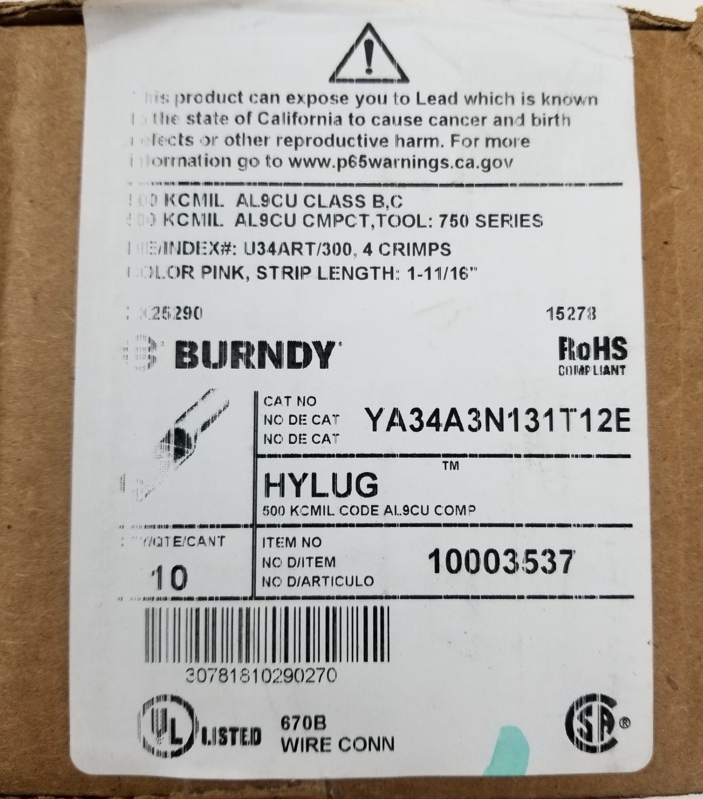 10 BURNDY YA34A3N131T12E 2Hole Lug Compression Connector Straight 750 KCMIL NEW