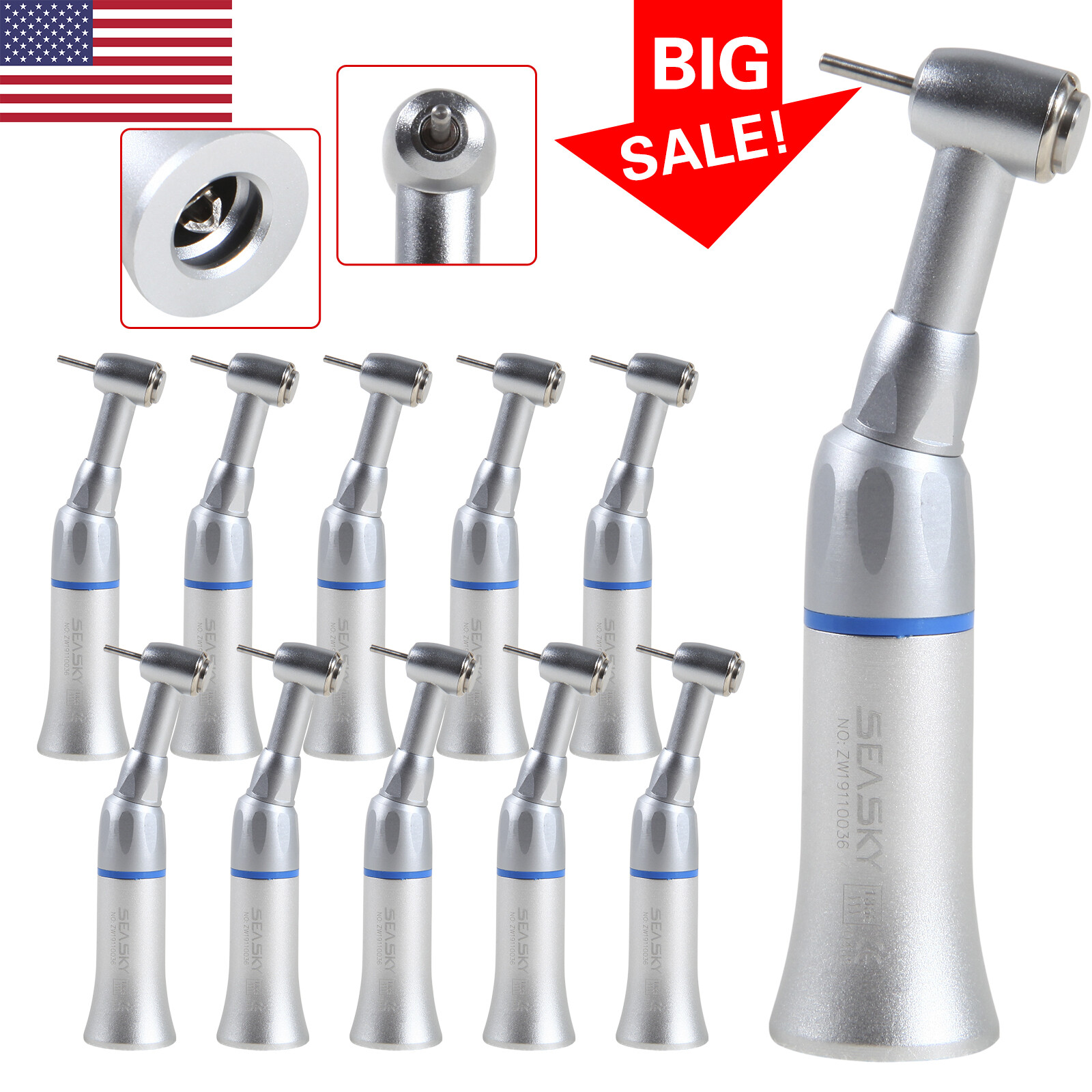 1-10* Dental Slow Low Speed Handpiece Push Button Contra Angle w/ FG 1.6MM Head