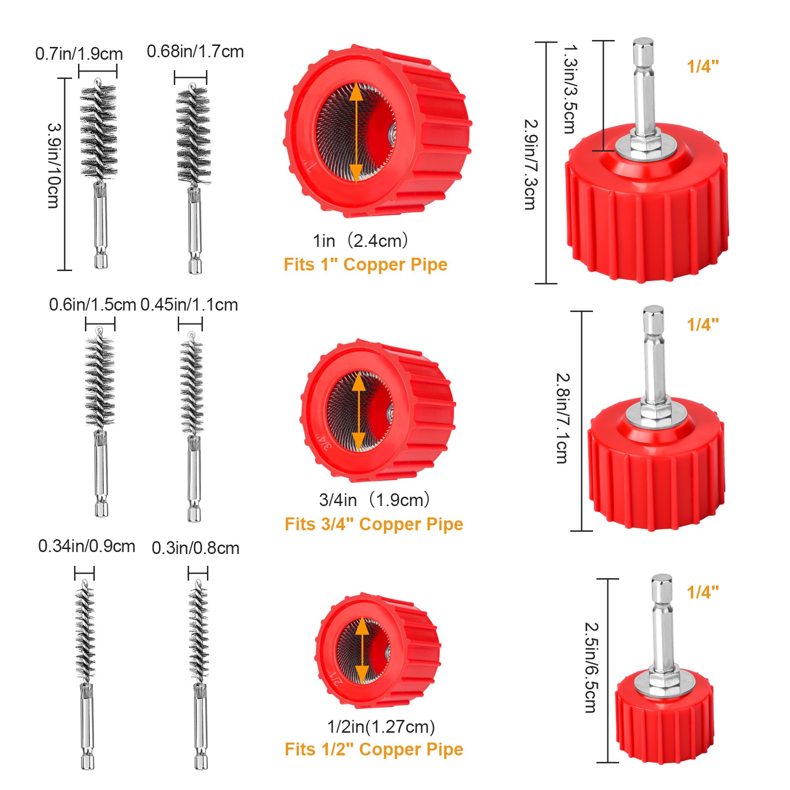 Copper Pipe Cleaner Set for Drill 1/2″ 3/4″ 1″ Bore Brush Kit Plumbing HVAC Tool