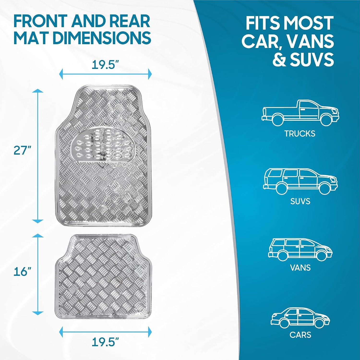 BDK Metallic Chrome Car Floor Mats – Silver, All-Weather, Universal Fit