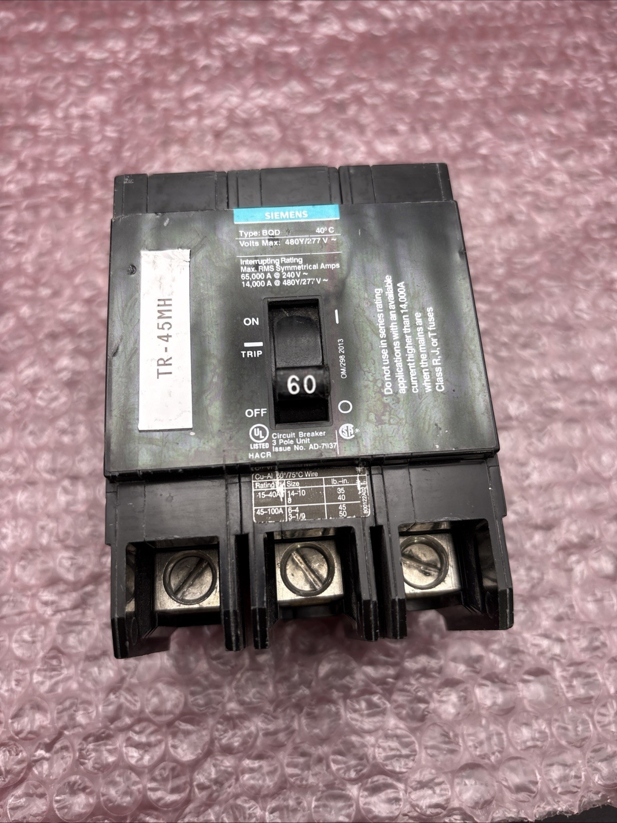 Siemens BQD360 Bolt-On Breaker 60A 3 Pole 480Y/277V *GREAT CONDITION*