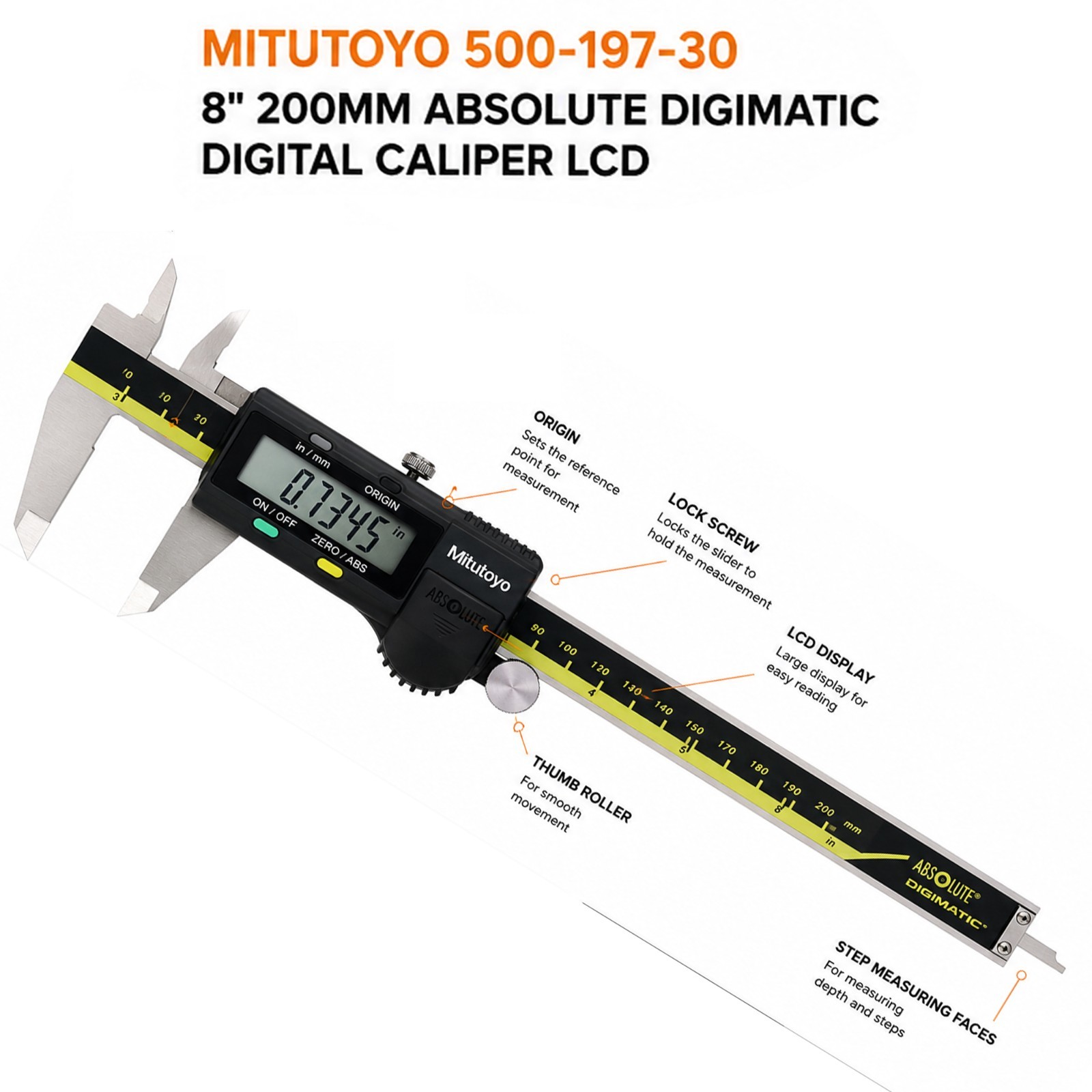 Mitutoyo 500-197-30 8″ (200mm) Absolute Digimatic Digital Caliper LCD Display