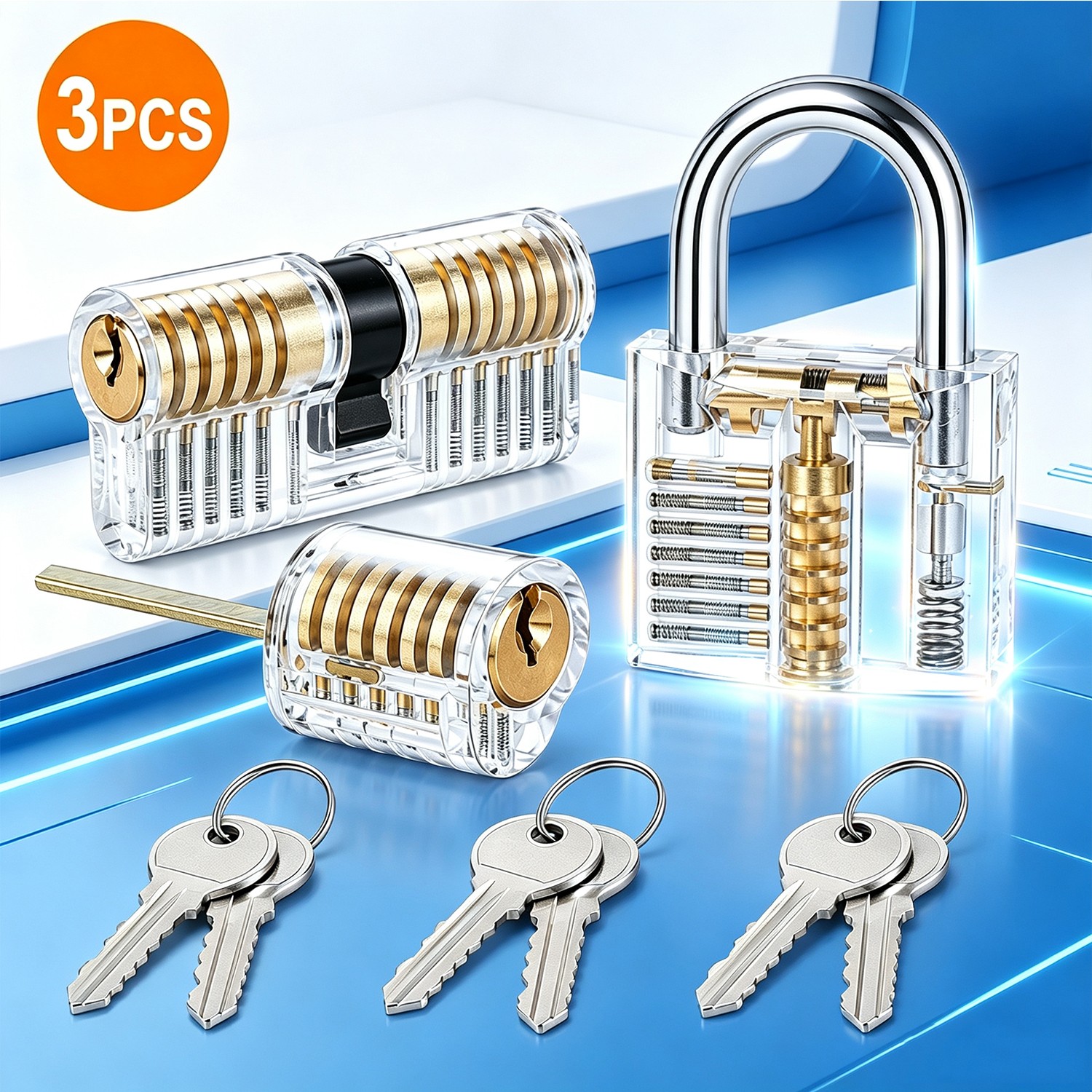 3PC Clear Acrylic Practice Lock Transparent Cutaway Pin Tumbler Training Set