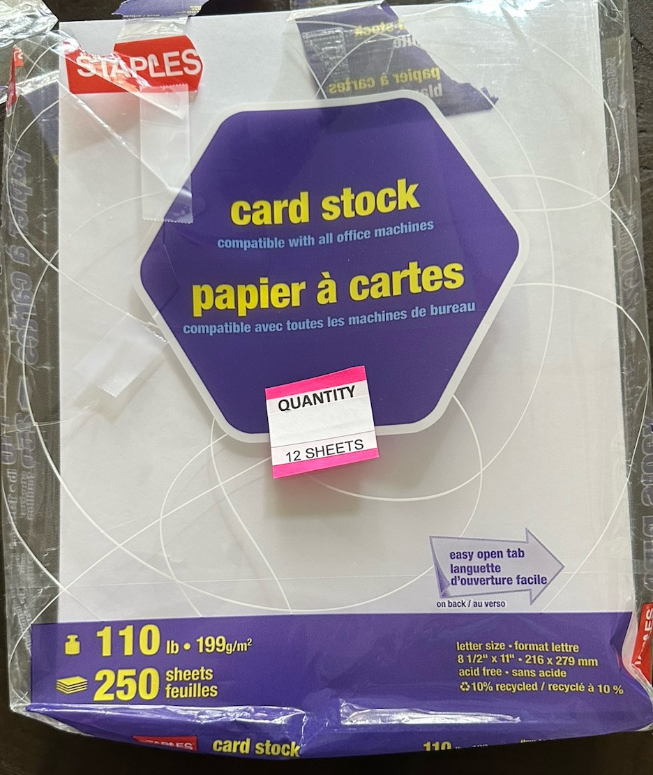 8.5″ x 11″ CARDSTOCK 110 lb PAPER WHITE – 12 SHEETS – NEW Staples Brand