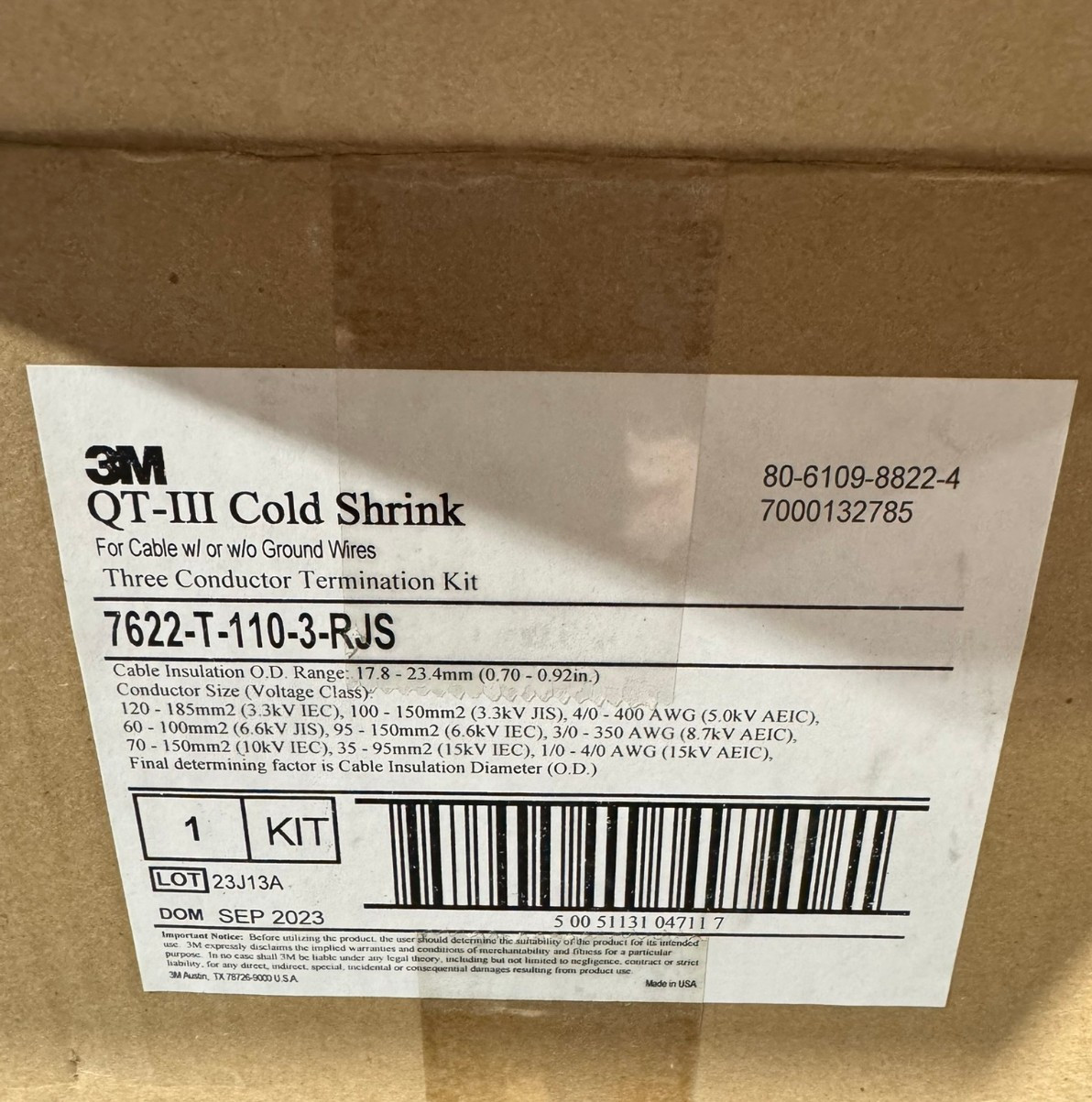 3M CAT NO: 7622-T-110-3-RJS QT-III COLD SHRINK THREE CONDUCTOR TERMINATION KIT