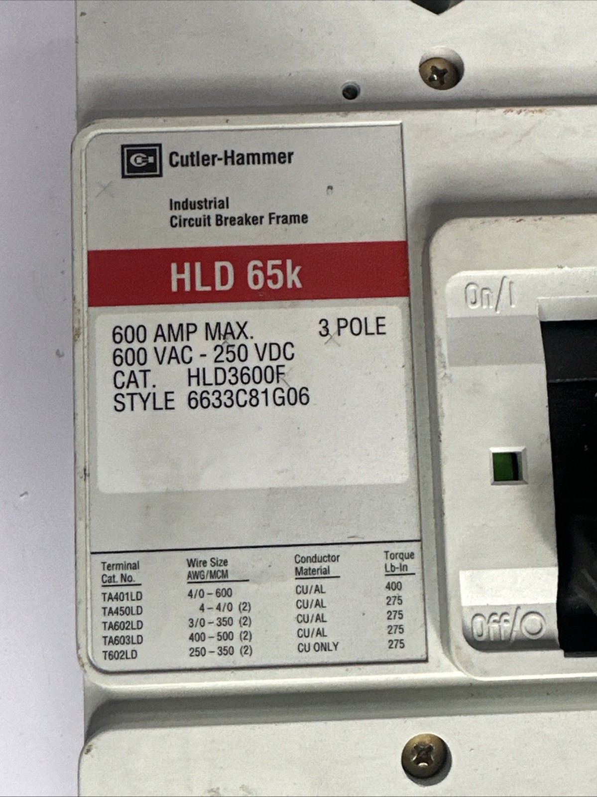Cutler-Hammer HLD3600F W/LT3400T 3-pole 400Amp Circuit Breaker