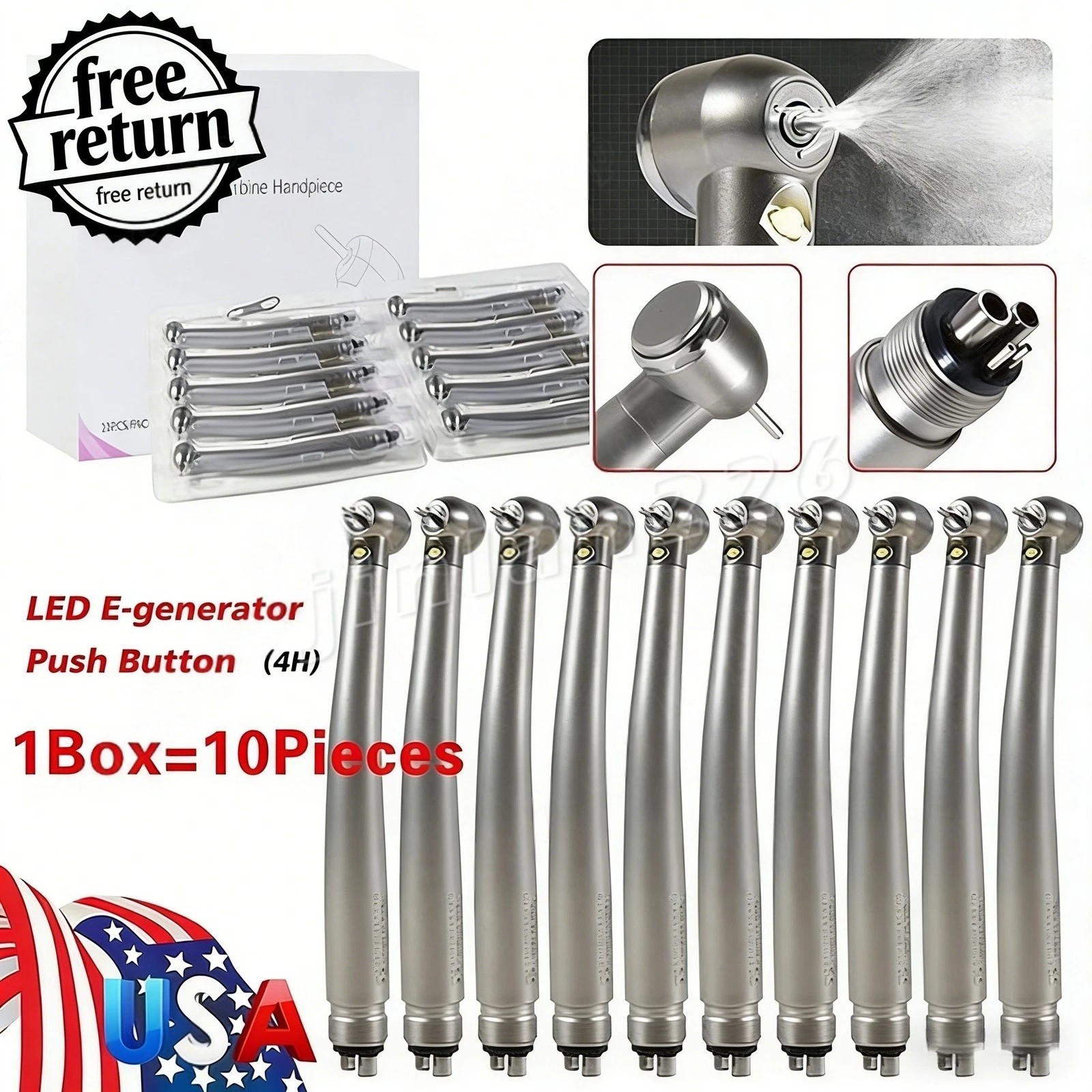 10 x US Ship 4 Hole Dental LED High Speed Handpiece E-generator Turbine ASkeadnt