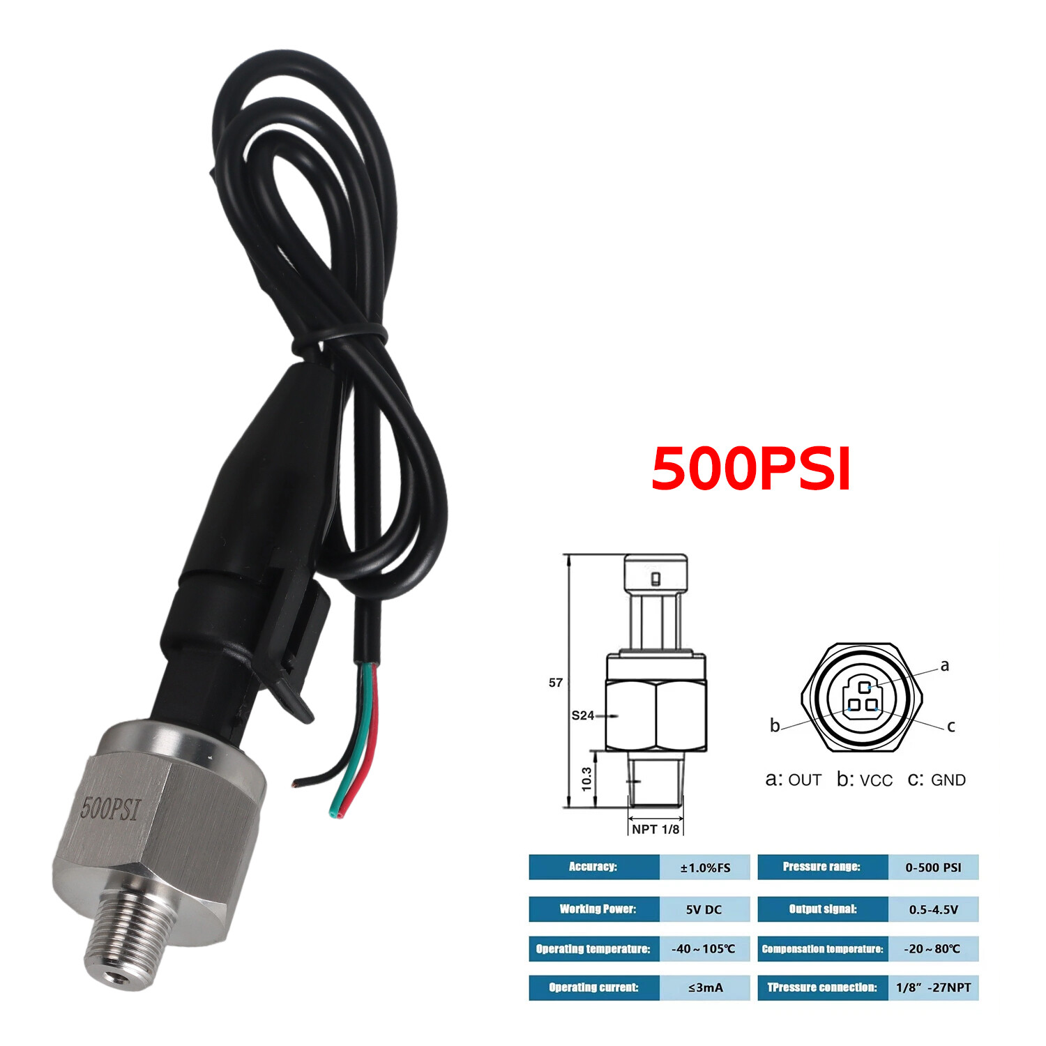 5V Pressure Transducer or Sender 30psi-1600Psi for Fuel Diesel Oil Air Water
