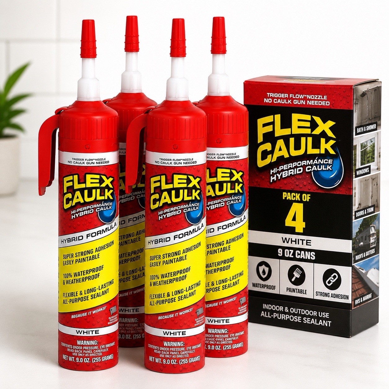 Flex Caulk Hybrid Polymer Sealant White 9 oz, Waterproof – Pack of 4