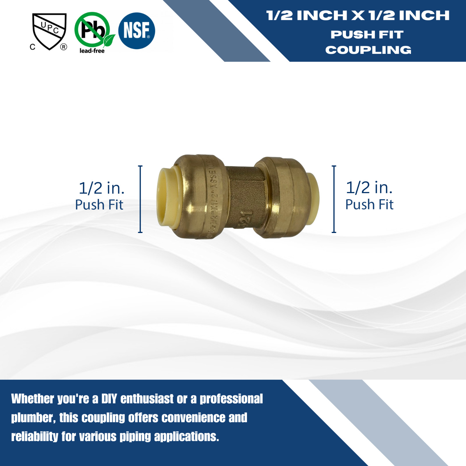 25 PIECES 1/2″ PUSH FIT COUPLINGS FITTINGS, LEAD FREE BRASS, FULL PORT