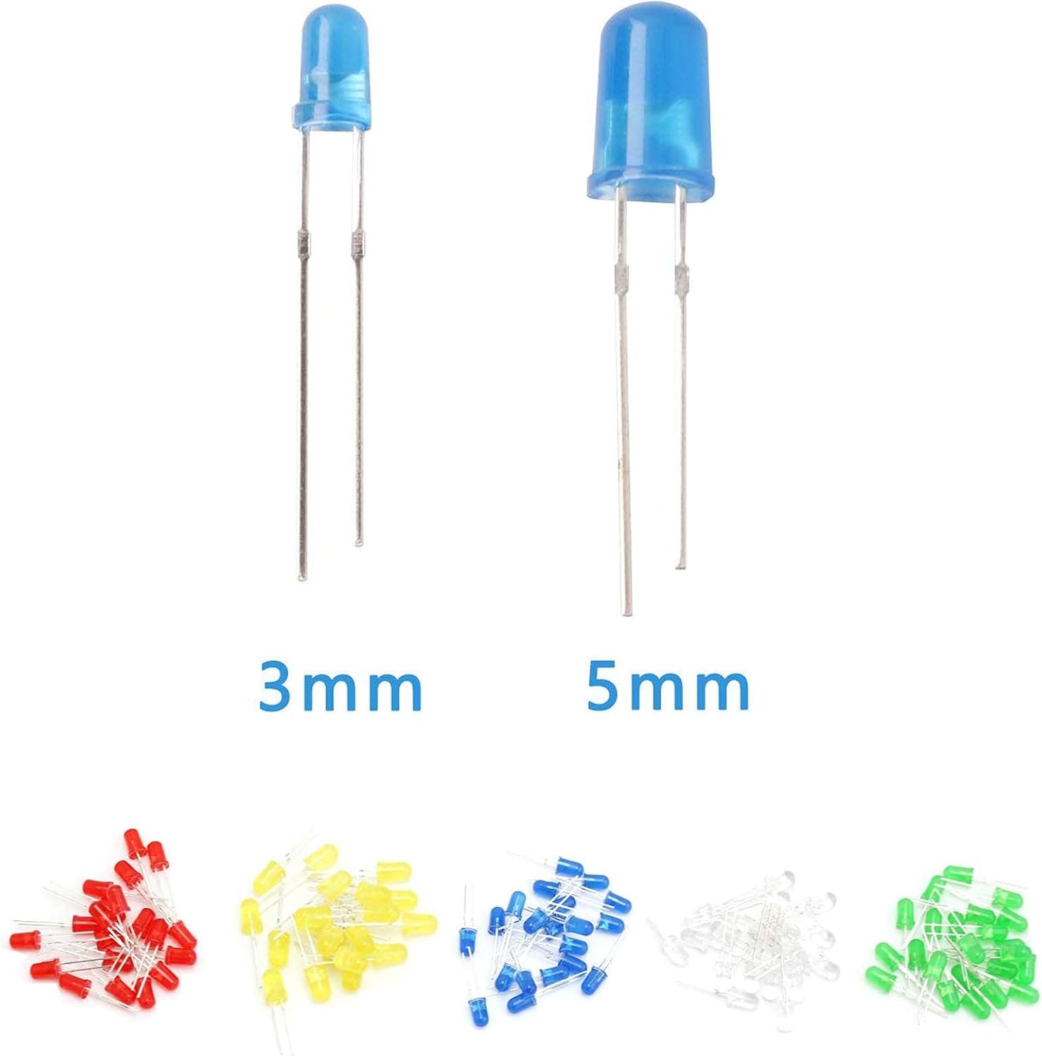 300 Pieces Clear LED Diodes 3mm 5mm 2 Pin Round Assorted 5 Colors Kit Storage