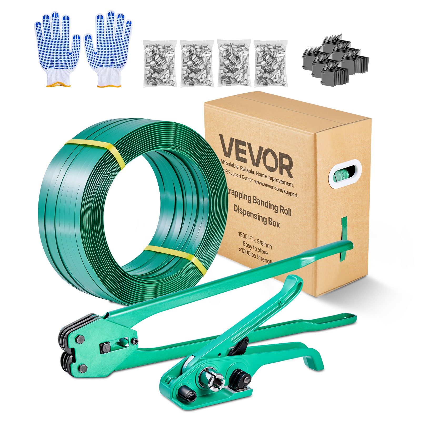 VEVOR PET Banding Strapping Kit 1500ft Band 450 Metal Seals 150 Corner Protector