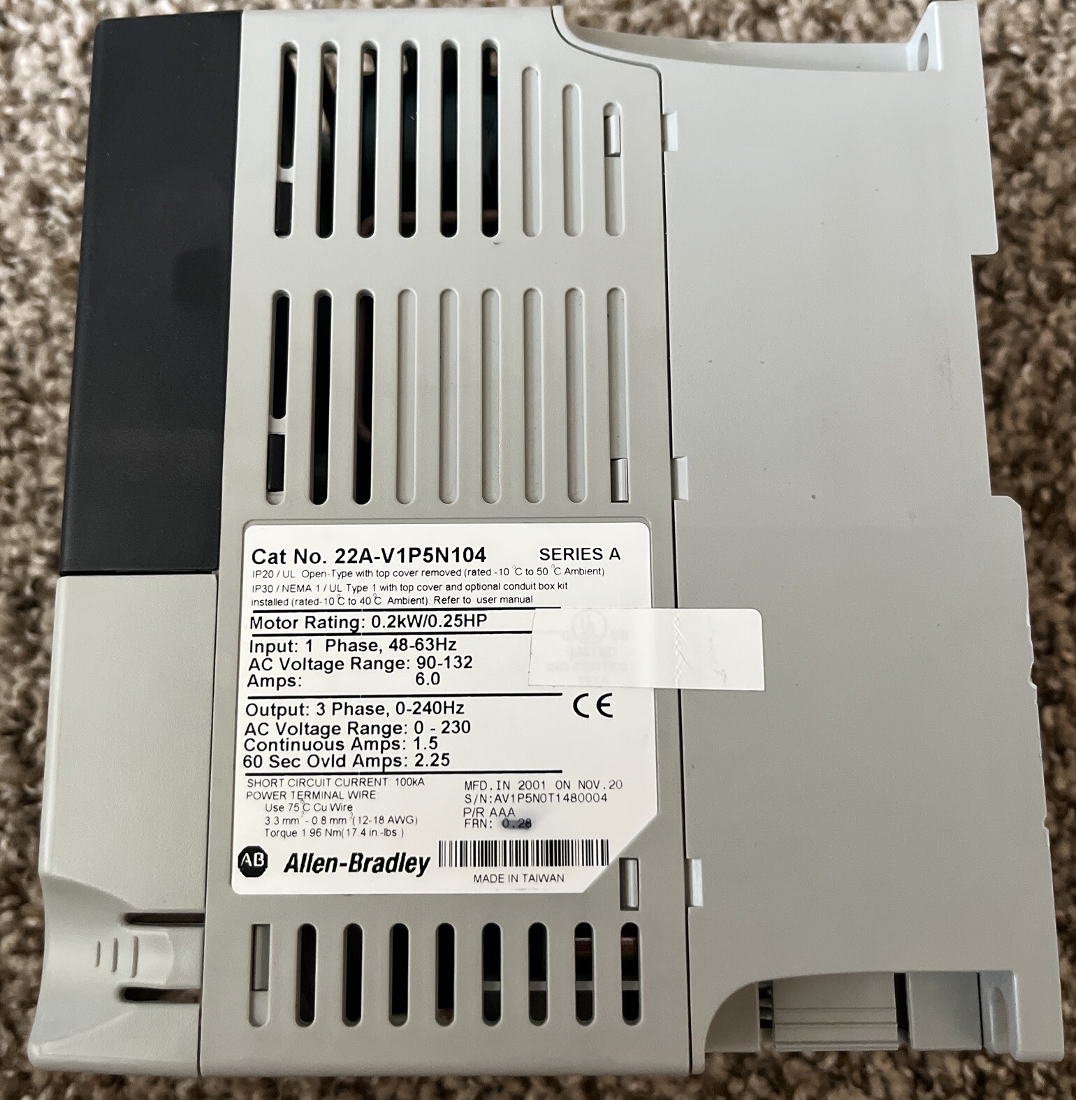 Surplus Allen Bradley 22A-V1P5N104 /A PowerFlex 4 AC Drive 120VAC/1-Ph/1.5A