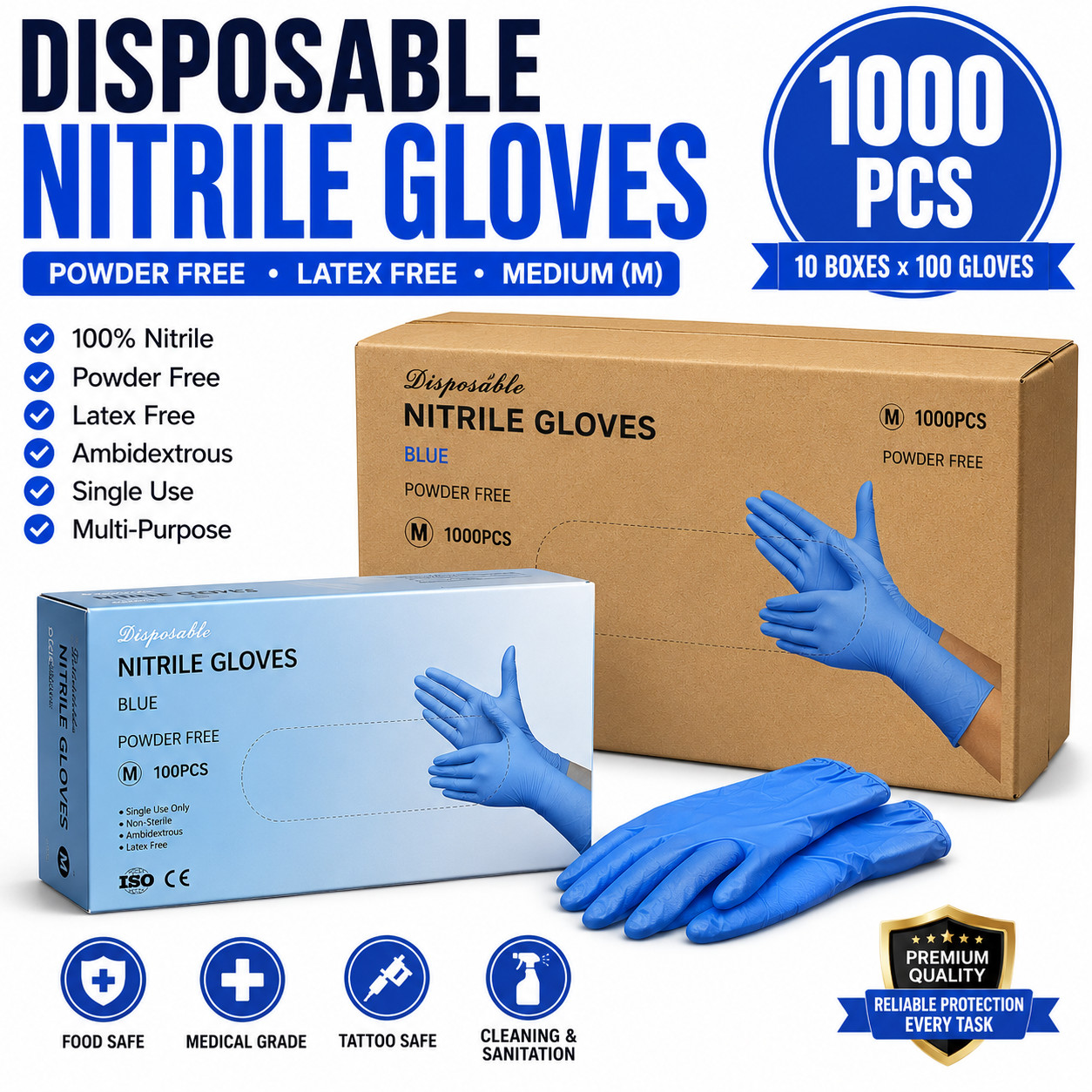 ✅ 1000 Blue Nitrile Gloves Powder Free Latex Free Disposable Exam Gloves S M L