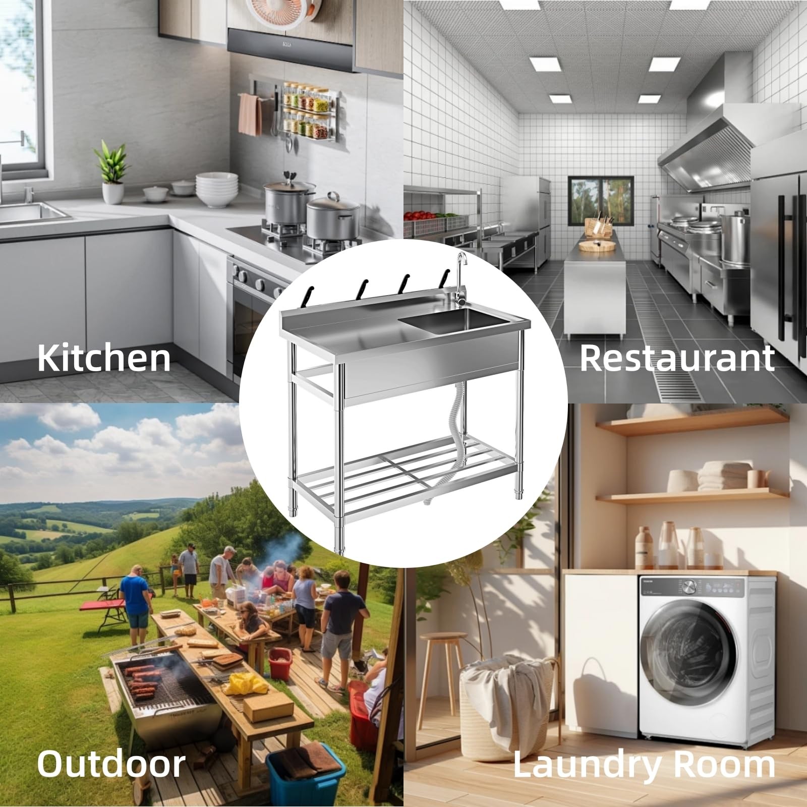 47″ Kitchen Sink Stainless Steel Commercial 1 Compartment Utility Sink W/ Faucet