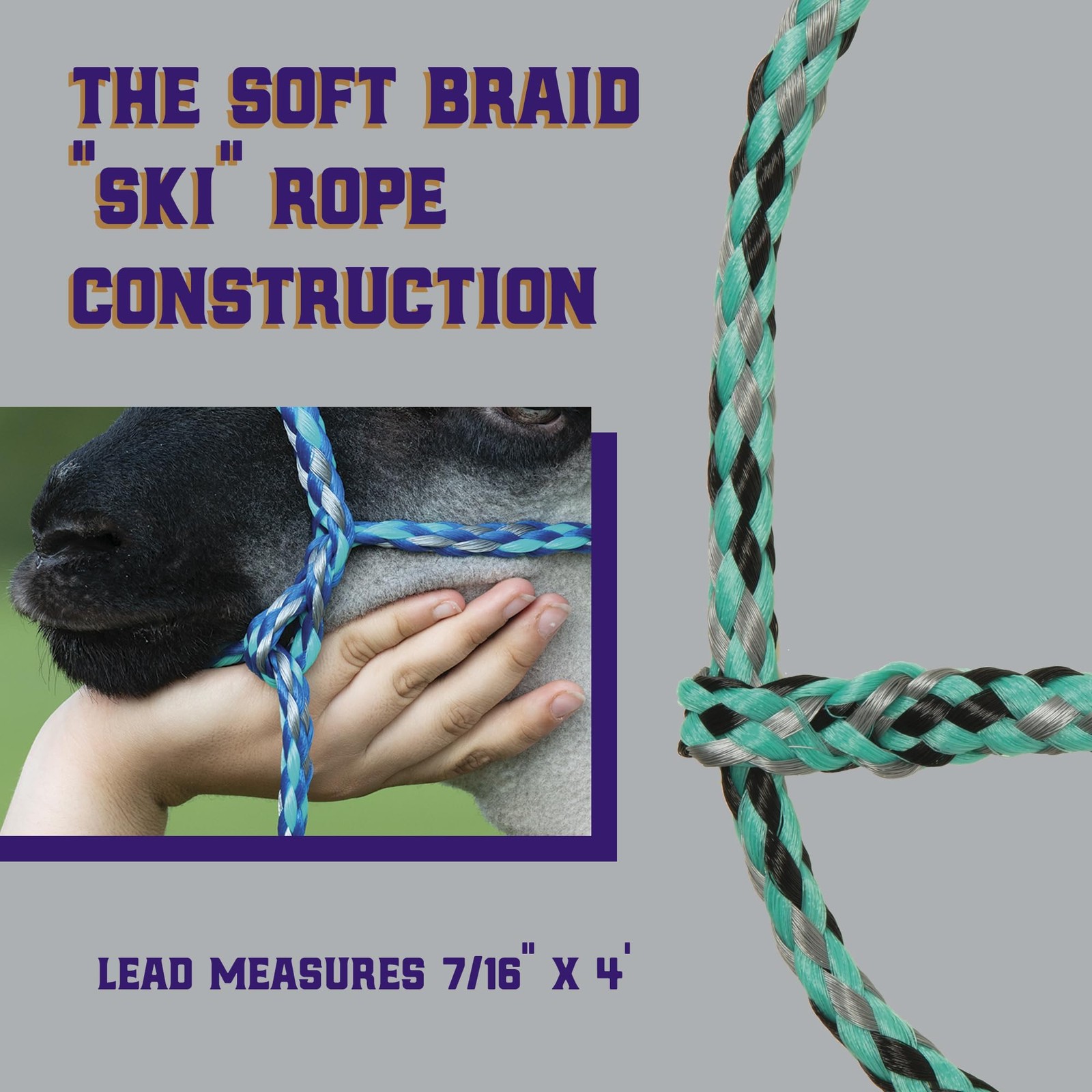 Weaver Livestock Braided Poly Rope Halter, 4 ft 7/16″ x 4′, Mint/Black/Gray