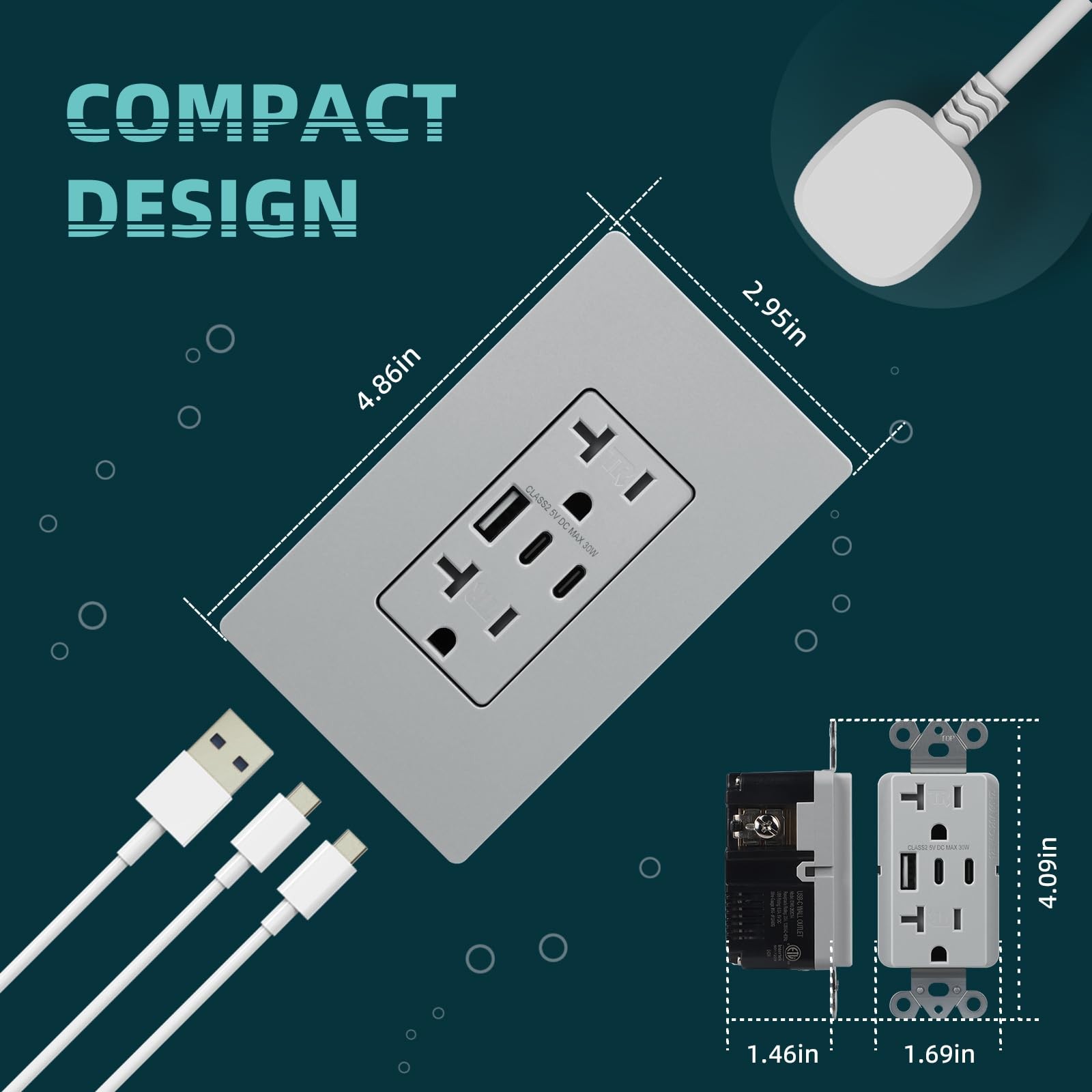 TOPELER USB Outlets Receptacles, 30W 6.0A 3-Ports Wall Outlet, 20A, Grey