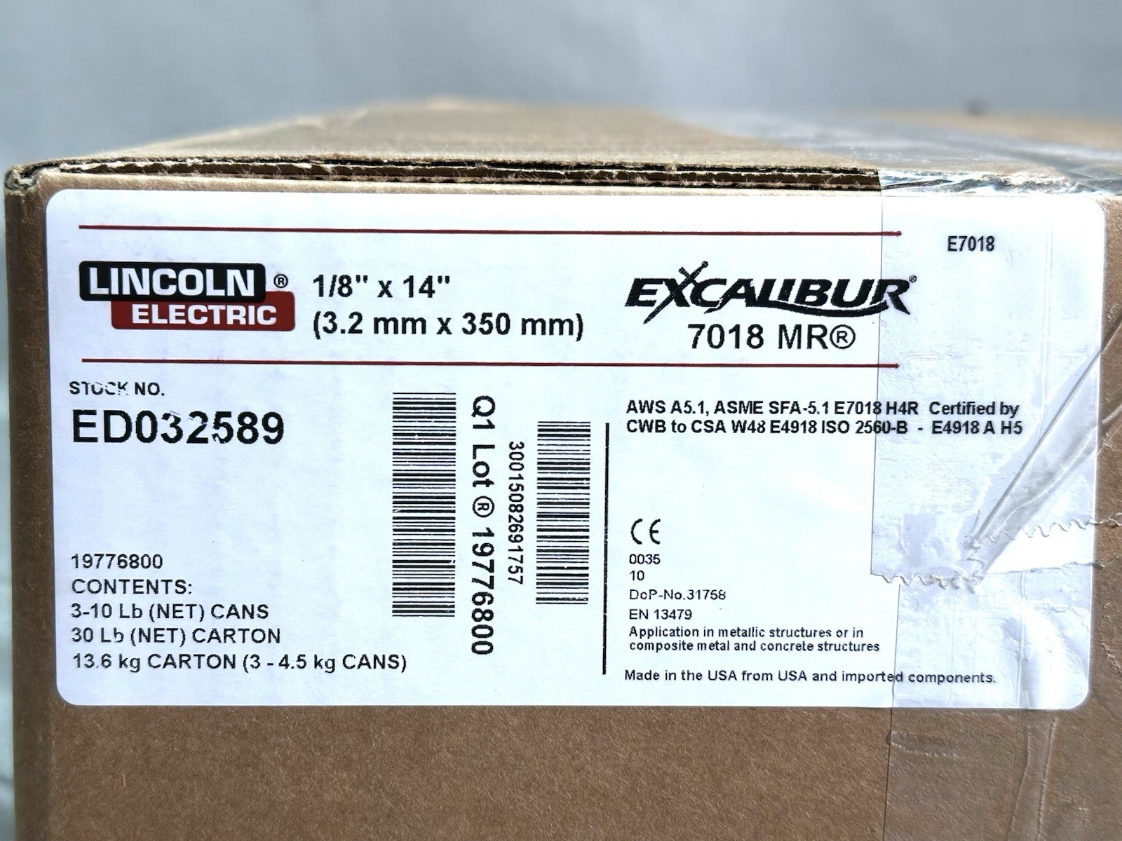 Lincoln ED032589 1/8″ x 14″ Excalibur 7018 MR Stick Electrodes 3-10lb Cans 30lbs