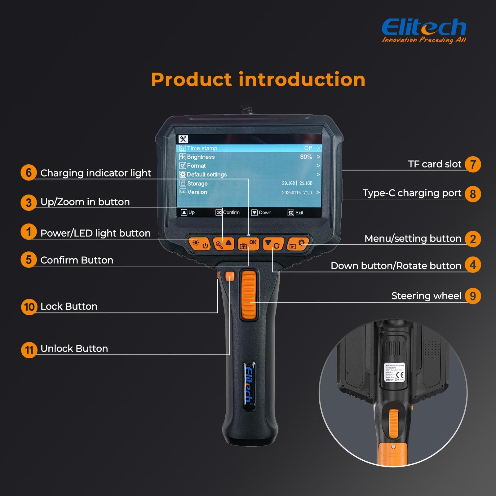 Elitech Articulating Borescope with Light, 6mm/0.24in Inspection Camera