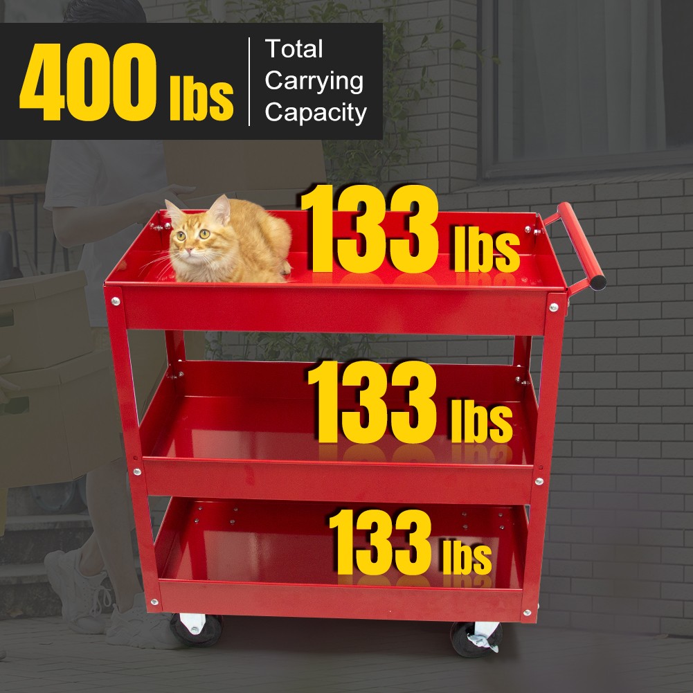 400LBS Steel 3-Shelf Rolling Multipurpose Service Tool Cart for Garage Home