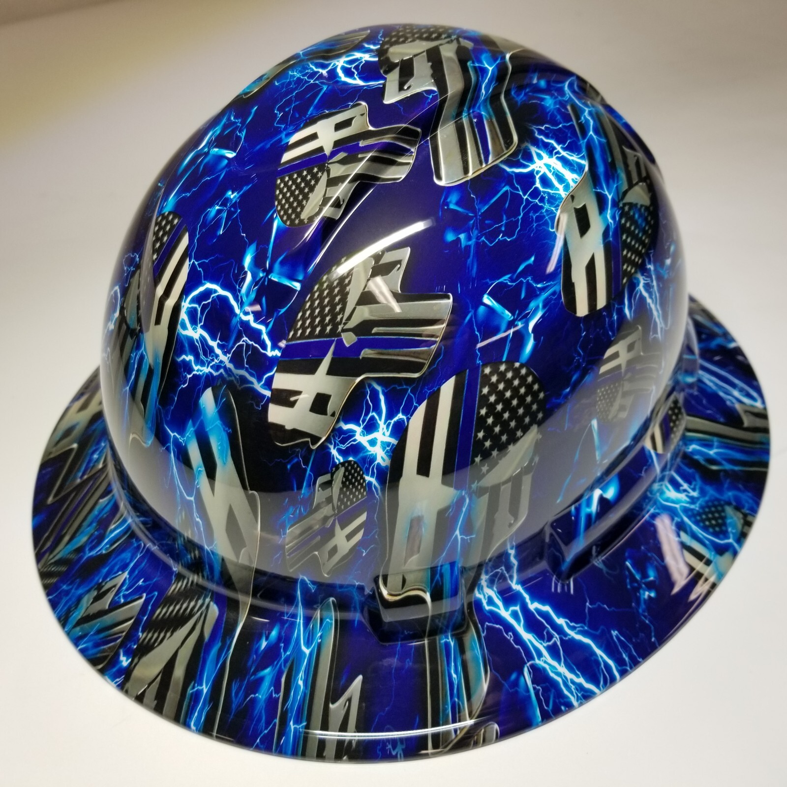 full brim hard hat custom hydro dipped IN BLUE LINE ICE SKULLS BLUE LIGHTNING
