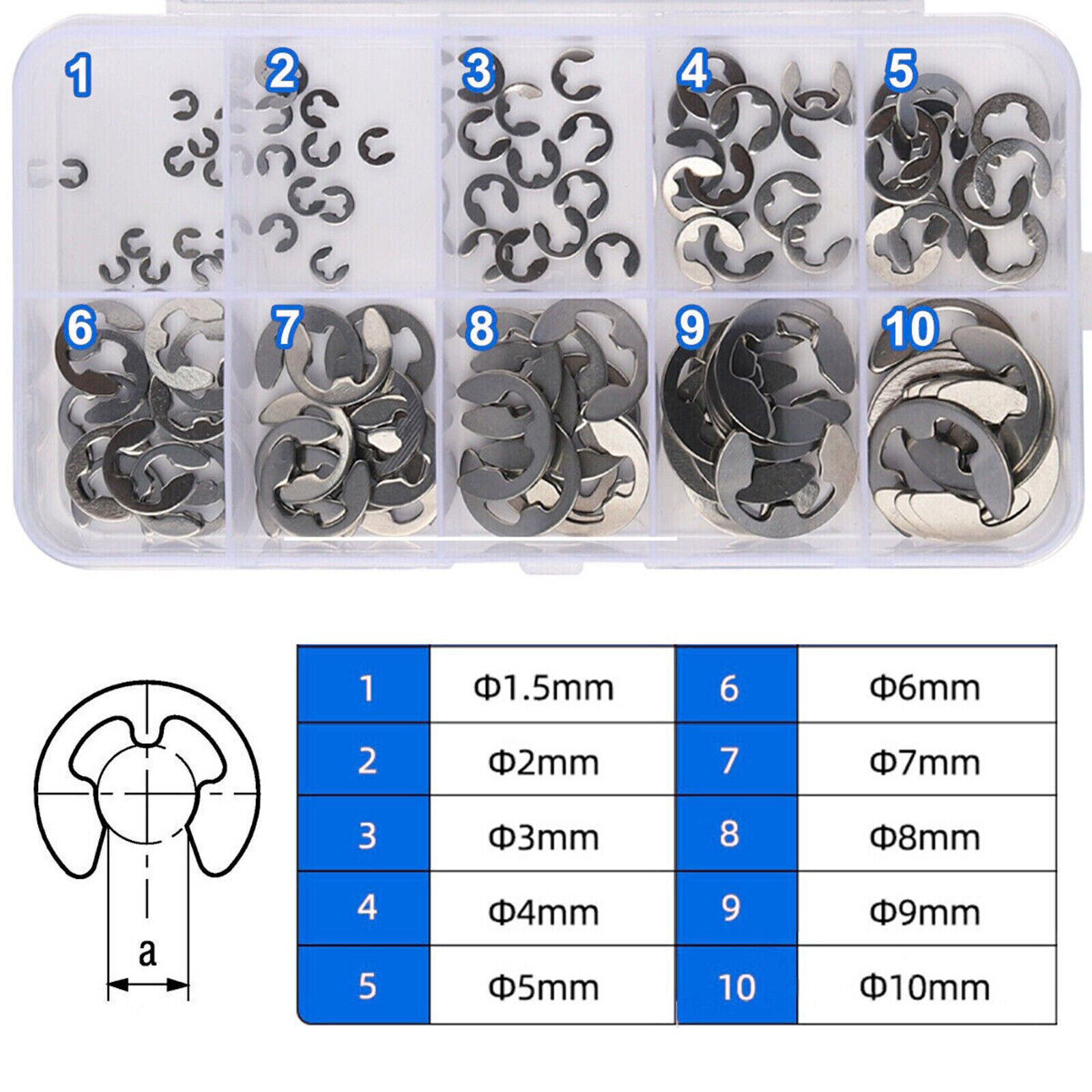 USA E Clips C Circlip Stainless Steel Kit Retaining Ring Assorted 1.5 to 10mm