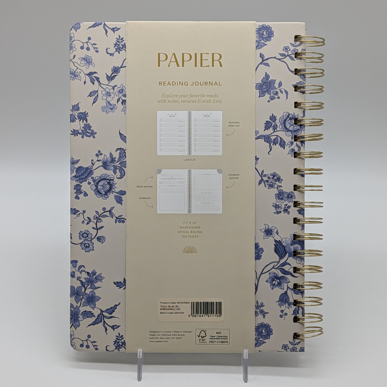 PAPIER Reading Journal Toile Blue B5 Hardcover Spiral Bound 24 Book FREE SHIP