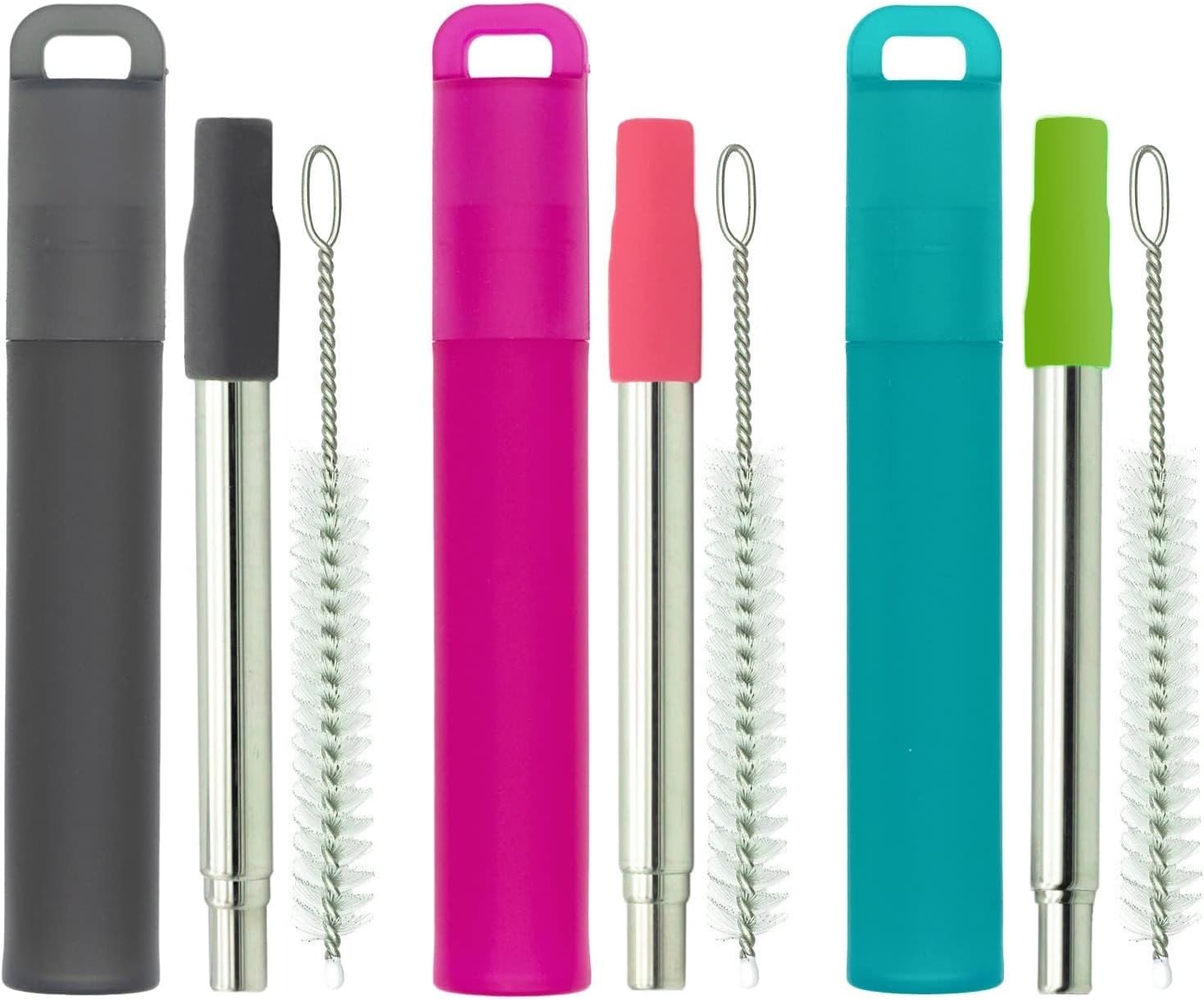 Metal Reusable Straws 3 Pack Collapsible Stainless Small, Gray, red, blue