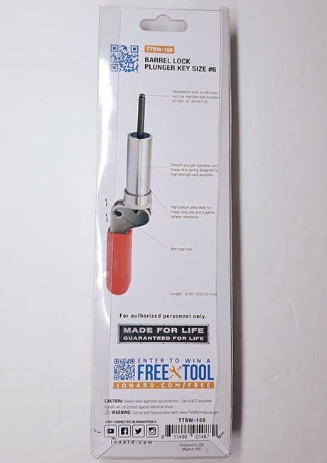Jonard Tools ▪️ TTBW-158 ▪️ BARREL LOCK PLUNGER / Key Size #6 🔸️ NEW