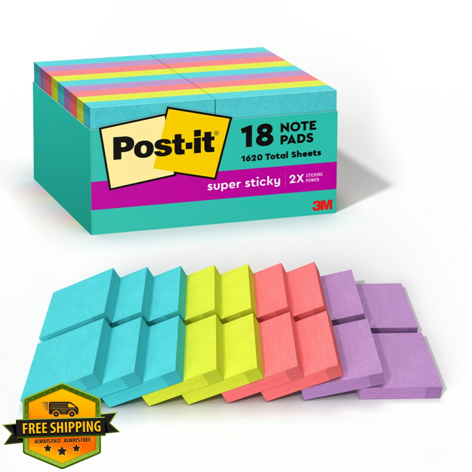 Post-it Super Sticky Notes, 18 Sticky Note Pads, 1.875 x 1.875 in., School Su…
