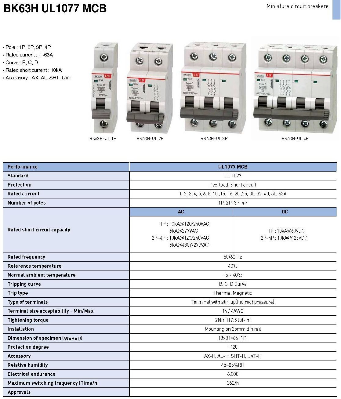 15 Amp LSis 2 Pole Din Rail MCB Circuit Breaker UL1077 6kA @ 480V; 10kA @ 240V
