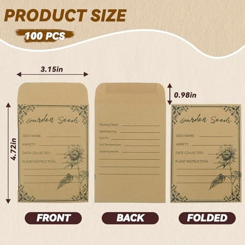 100 Pcs Seed Storage Envelopes 4.72 x 3.15 Inch Kraft Paper Seed Saving Bags