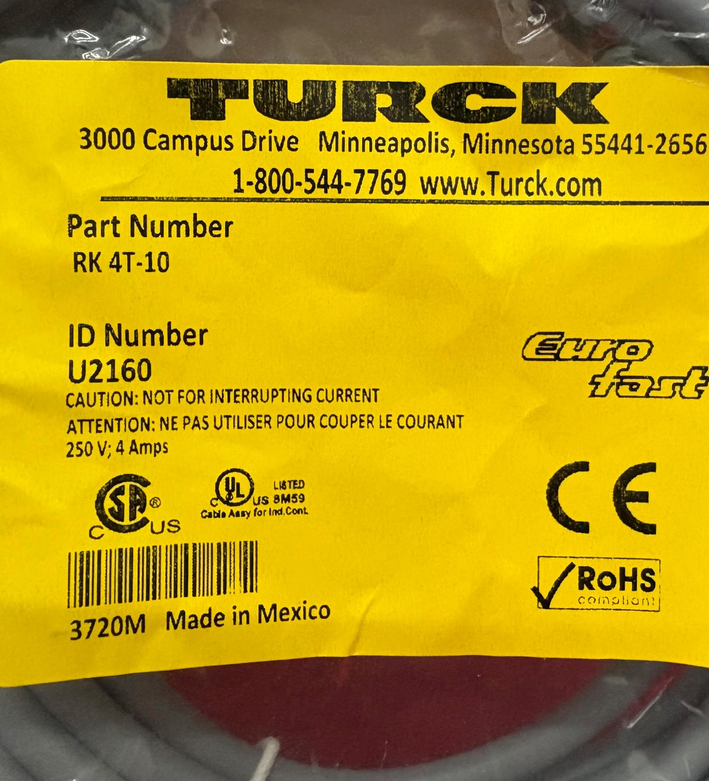 TURCK RK 4T-10 ID# U2160 CORDSET SINGLE ENDED (PIGTAIL) 3 WIRE 10 METER – QTY 2