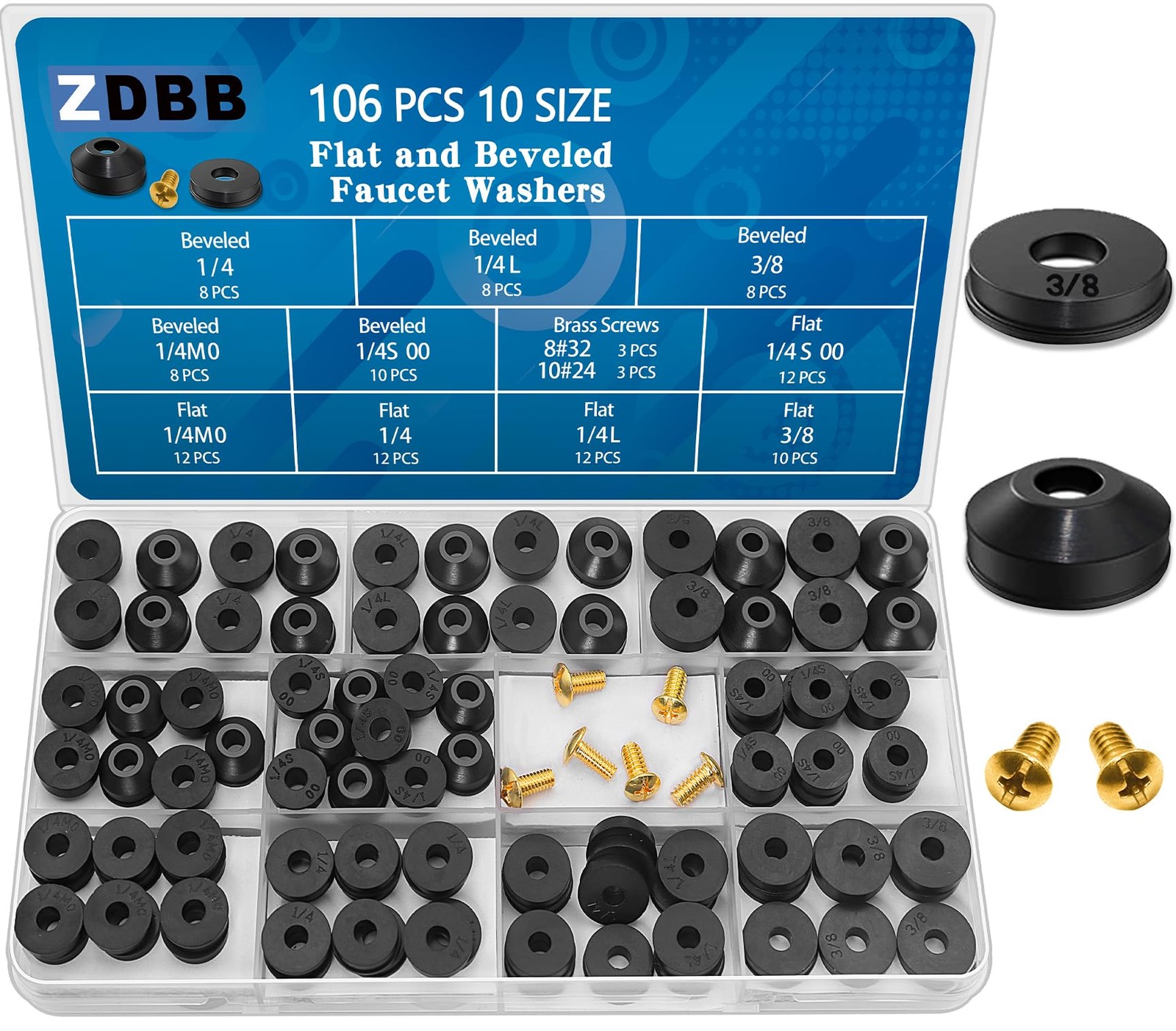 ZDBB 106 pcs Flat and Beveled Faucet Washers Brass Bibb 106 PCS, Black