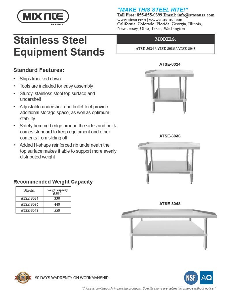 Atosa ATSE-3048 48″ WIDE x 30″ DEEP by 24″ TALL STAINLESS STEEL Equipment Stand