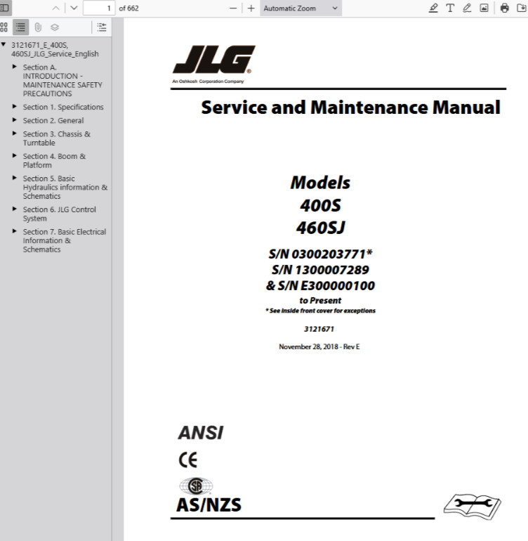 JLG 400S 460SJ Boom Lifts Service Repair Operators Manual Parts Catalog PDF USB