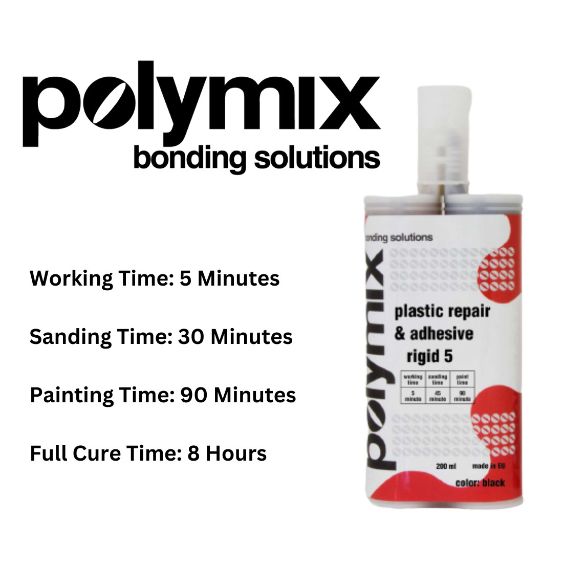 Polymix Rigid 5 Plastic Repair & Adhesive Kit – 3 x 50ml Tubes, 12 Mixing Tips