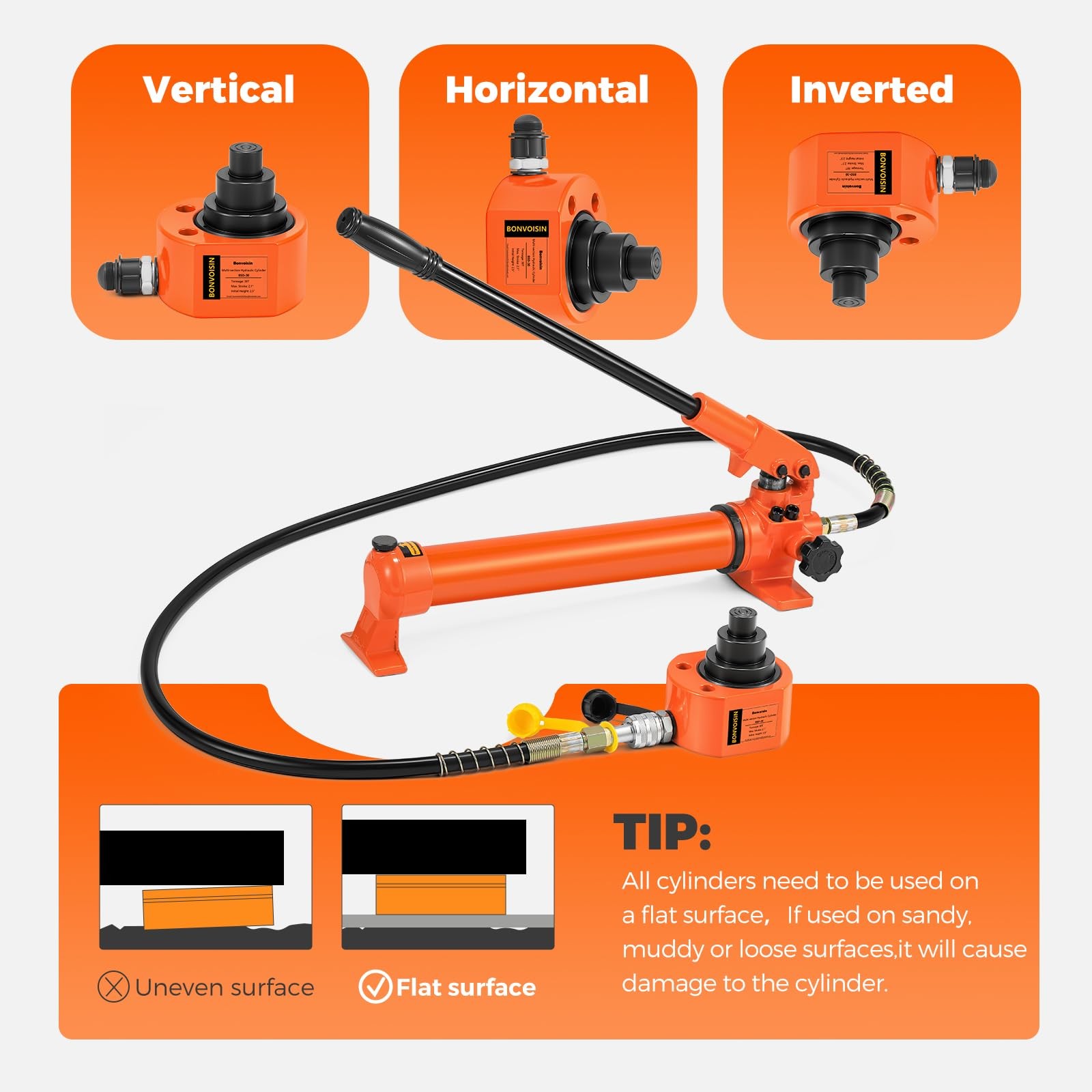 Bonvoisin Hydraulic Ram Jack 30T Low Profile Porta Power Cylinder 30T, Orange