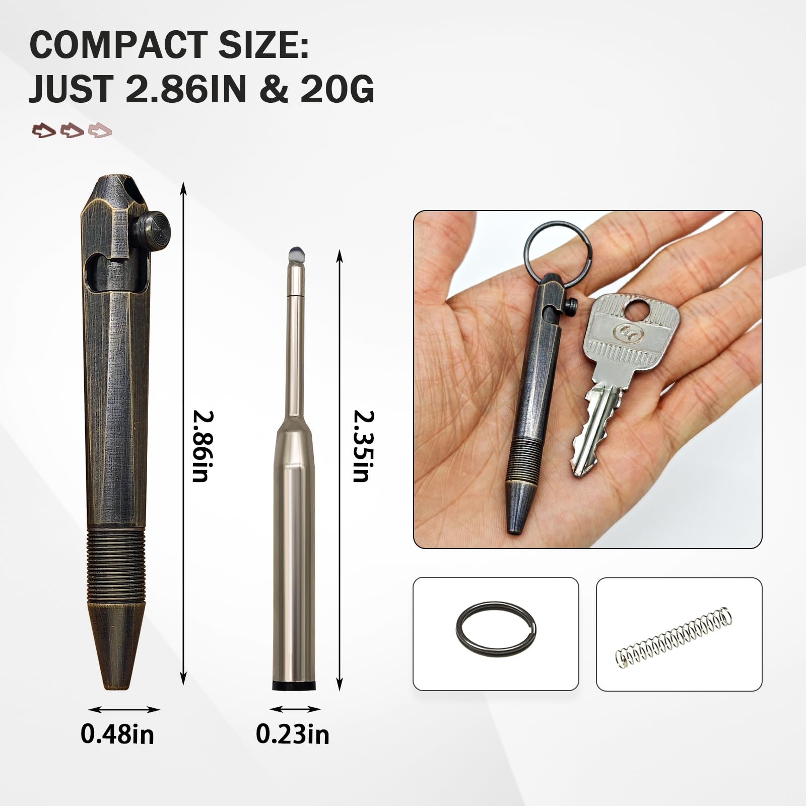 Mini Brass Bolt Action Keychain Pen 6 Piece Set 1 Pen + 5 Refills, Compact …