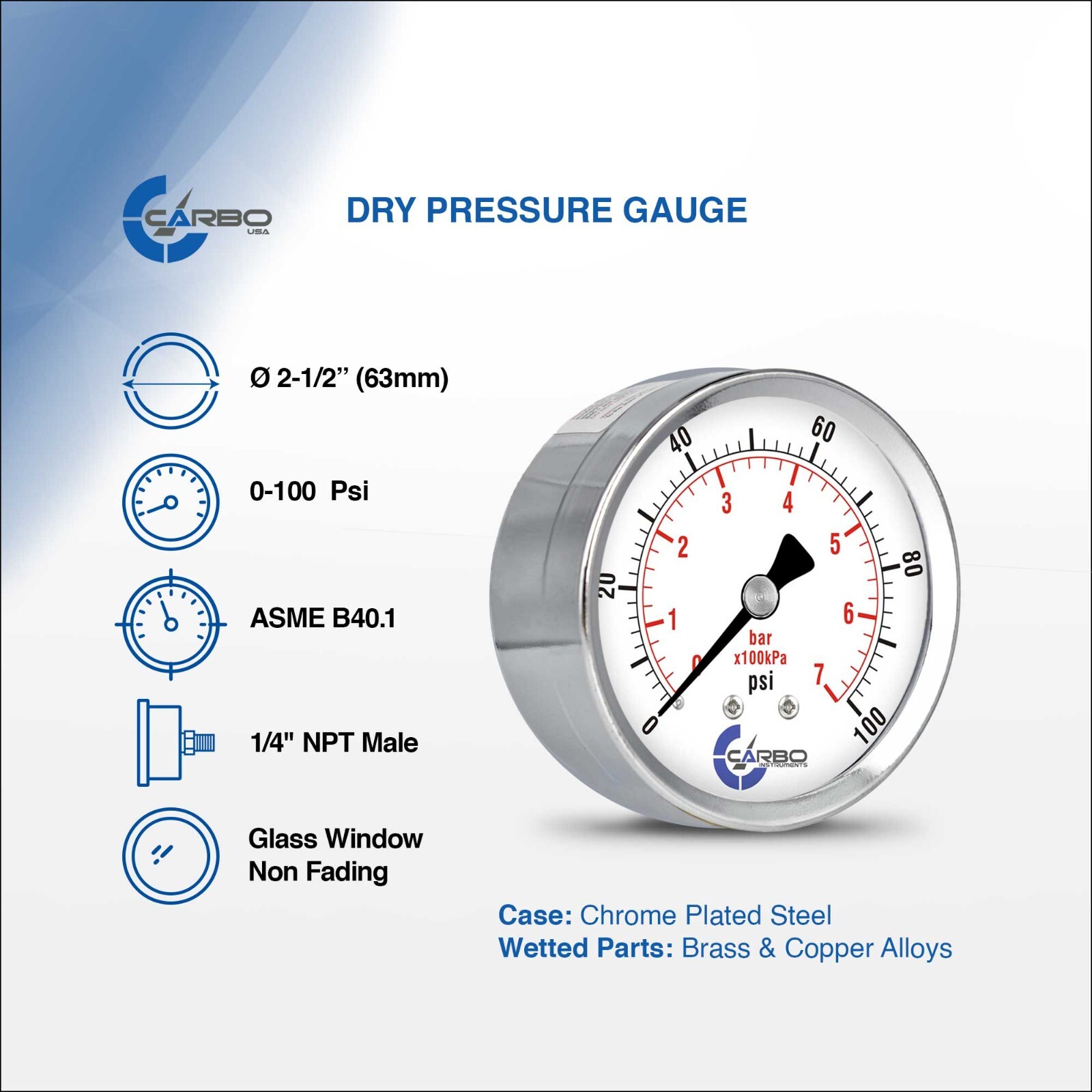 2-1/2″ Pressure Gauge – Chrome Plated Steel Case, 1/4″NPT, Back Mnt, 100 PSI