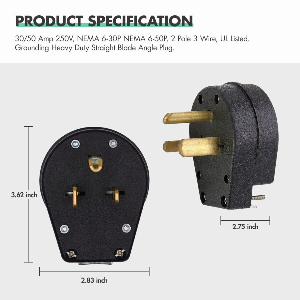 NEMA 6-50P Plug, Straight Blade Heavy Duty Angle Plug, 30 Amp 50 Amp 250V