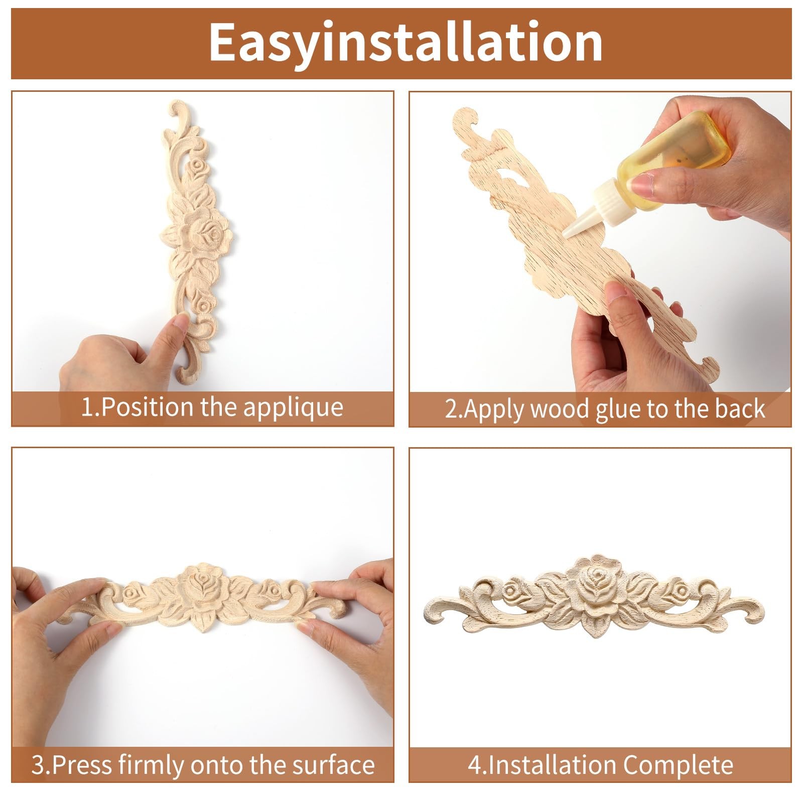 4pcs Wood Appliques Onlays Decorative Wooden Applique for Furniture Long Wood…