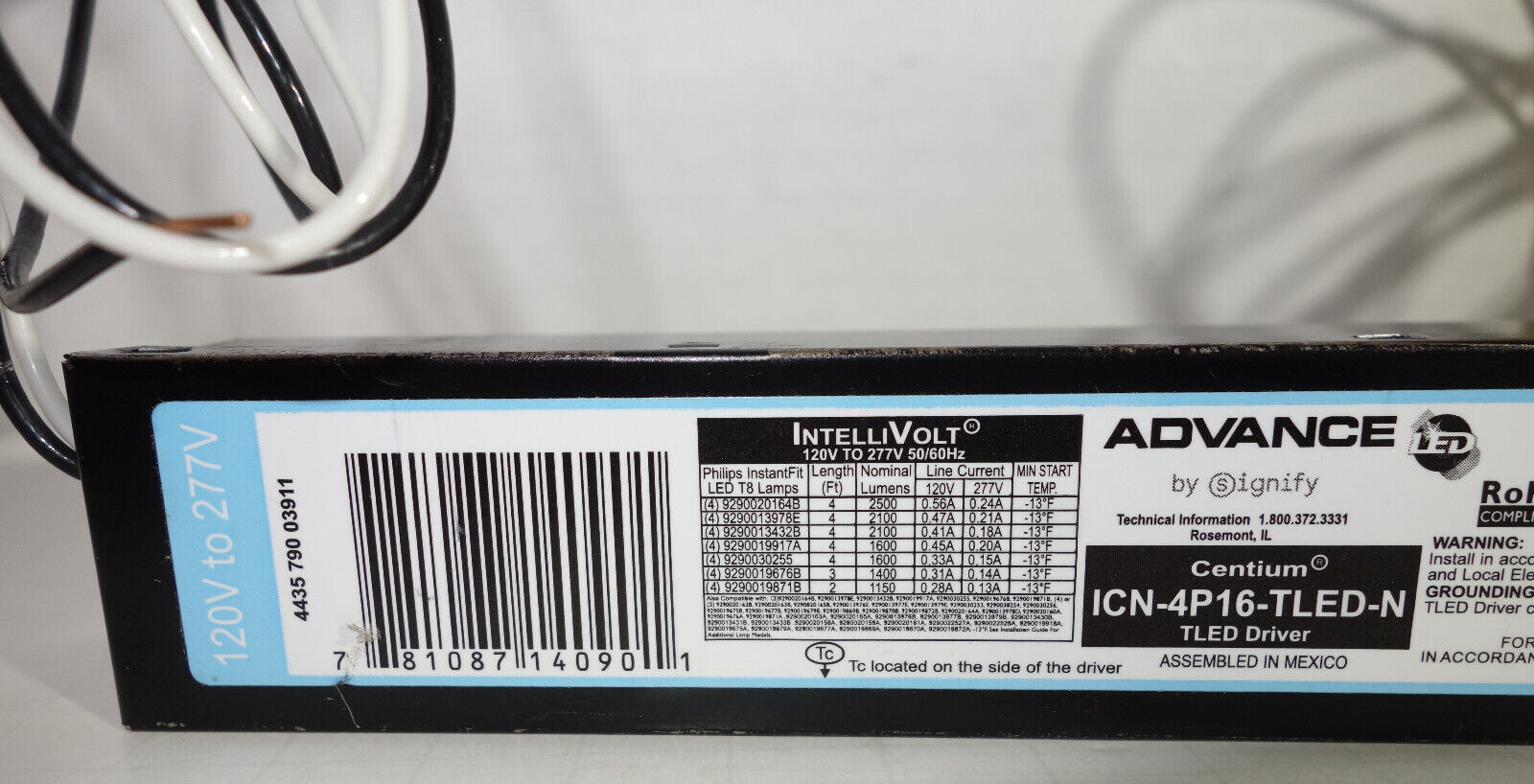 ADVANCE CENTIUM Intellivolt 4 Lamp LED T8 Driver,120V to 277 VAC ICN-4P16-TLED-N