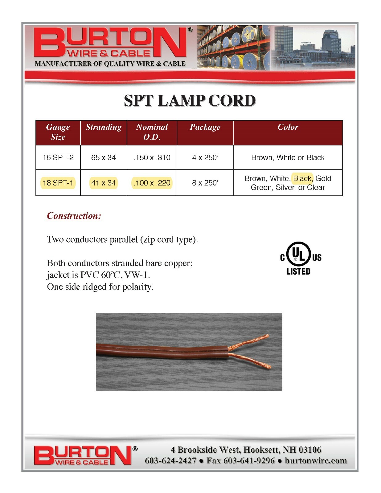 Burton 18/2C SPT-1 Lamp/Appliance Power Cord Cable 10Amps 60C/300V Black /50ft