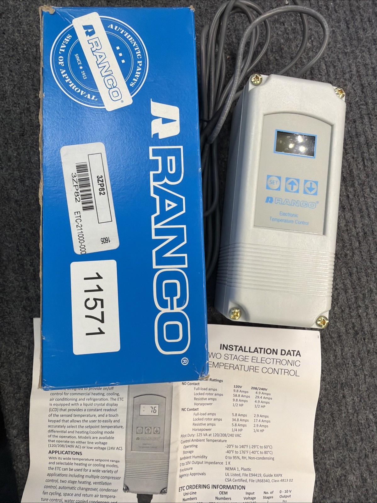 Ranco Etc-211000-000 Electronic Temperature Control Open/Close On Rise 120v