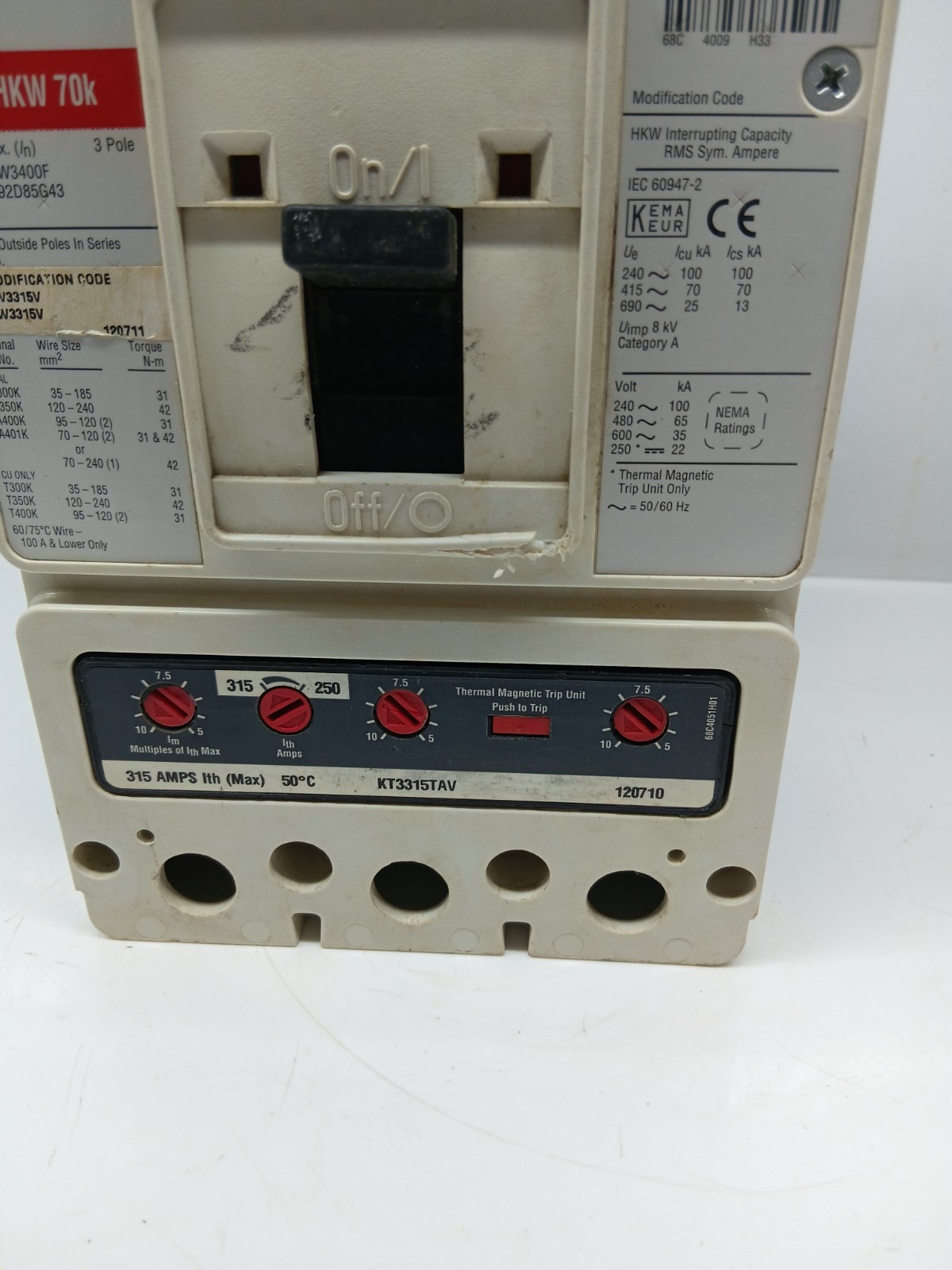 EATON HKW3400F 3 POLE 400 AMPS CIRCUIT BREAKER HKW 70K