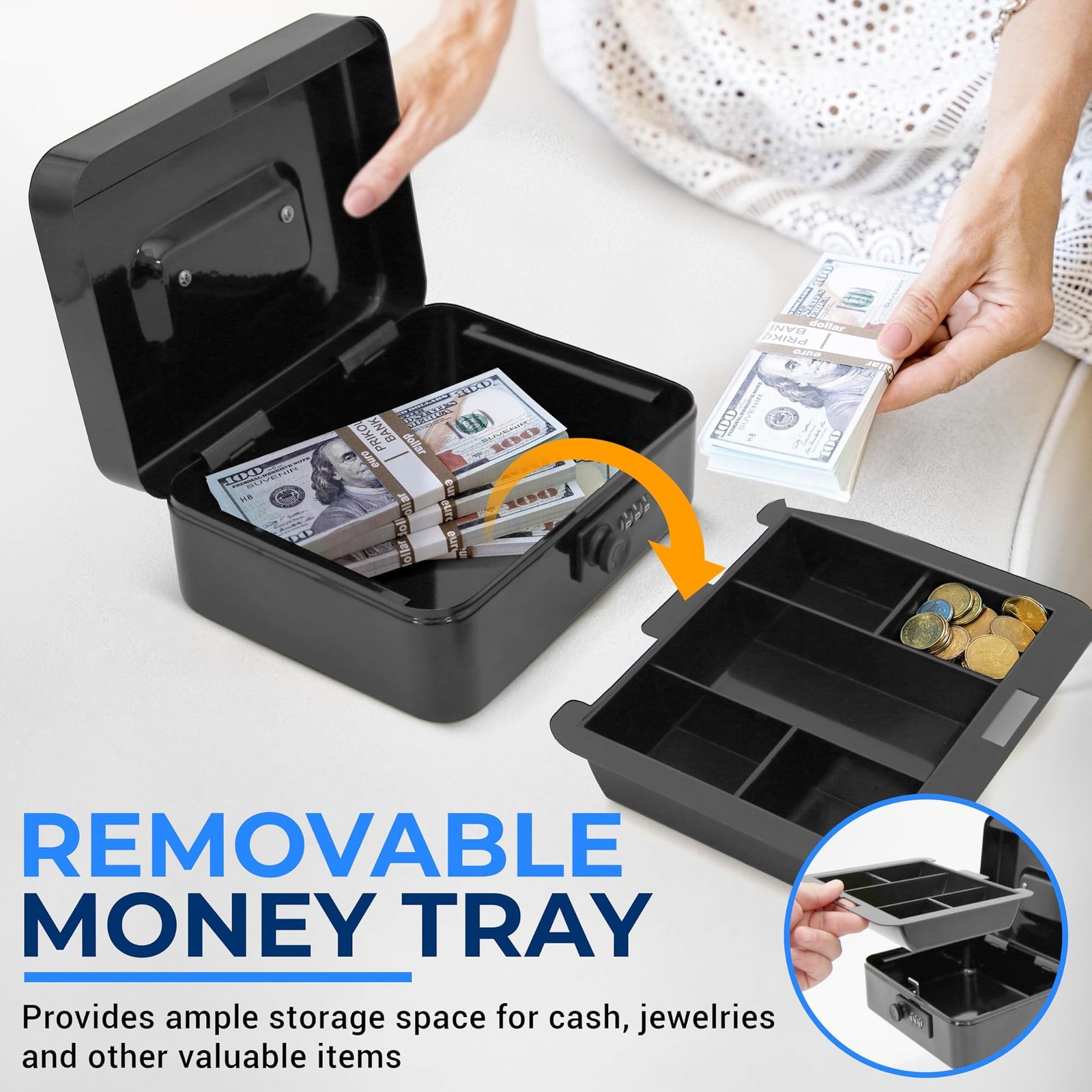 SereneLife 8″ Metal Cash Box with Lock | Cash Safe Lock Box with Money Tray |…
