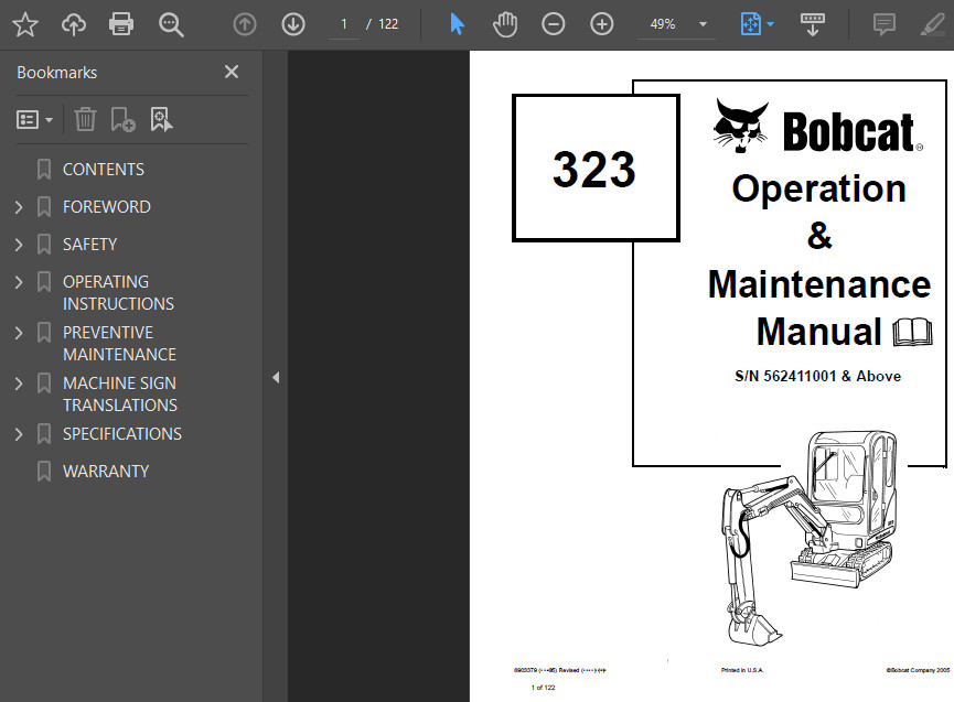 BOBCAT 323 COMPACT EXCAVATOR OPERATORS SERVICE REPAIR OWNERS SHOP MANUAL PDF USB