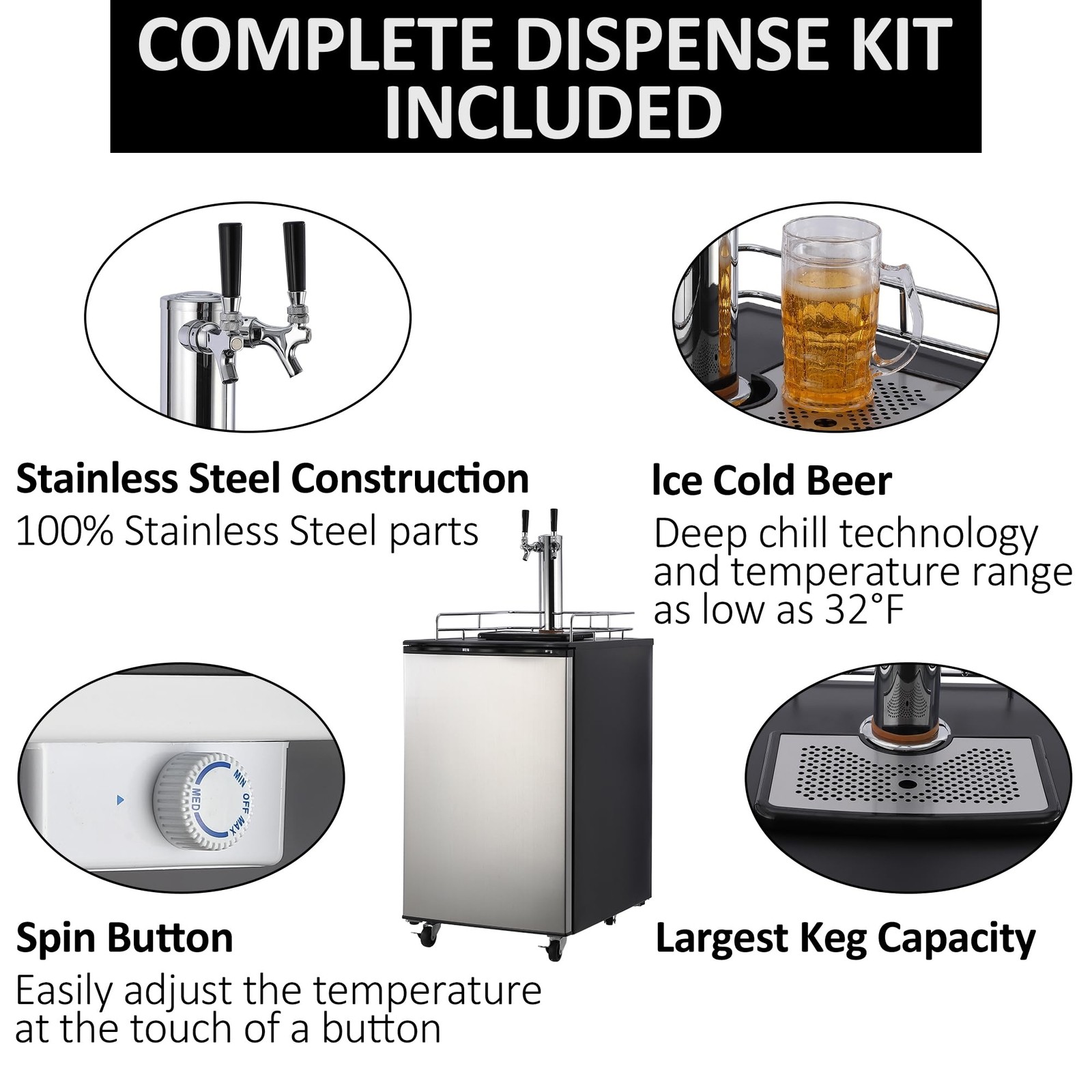 6.1 CFBeer Kegerator Dual Tap Draft Beer Dispenser 32°F- 50°F Temperature Contro