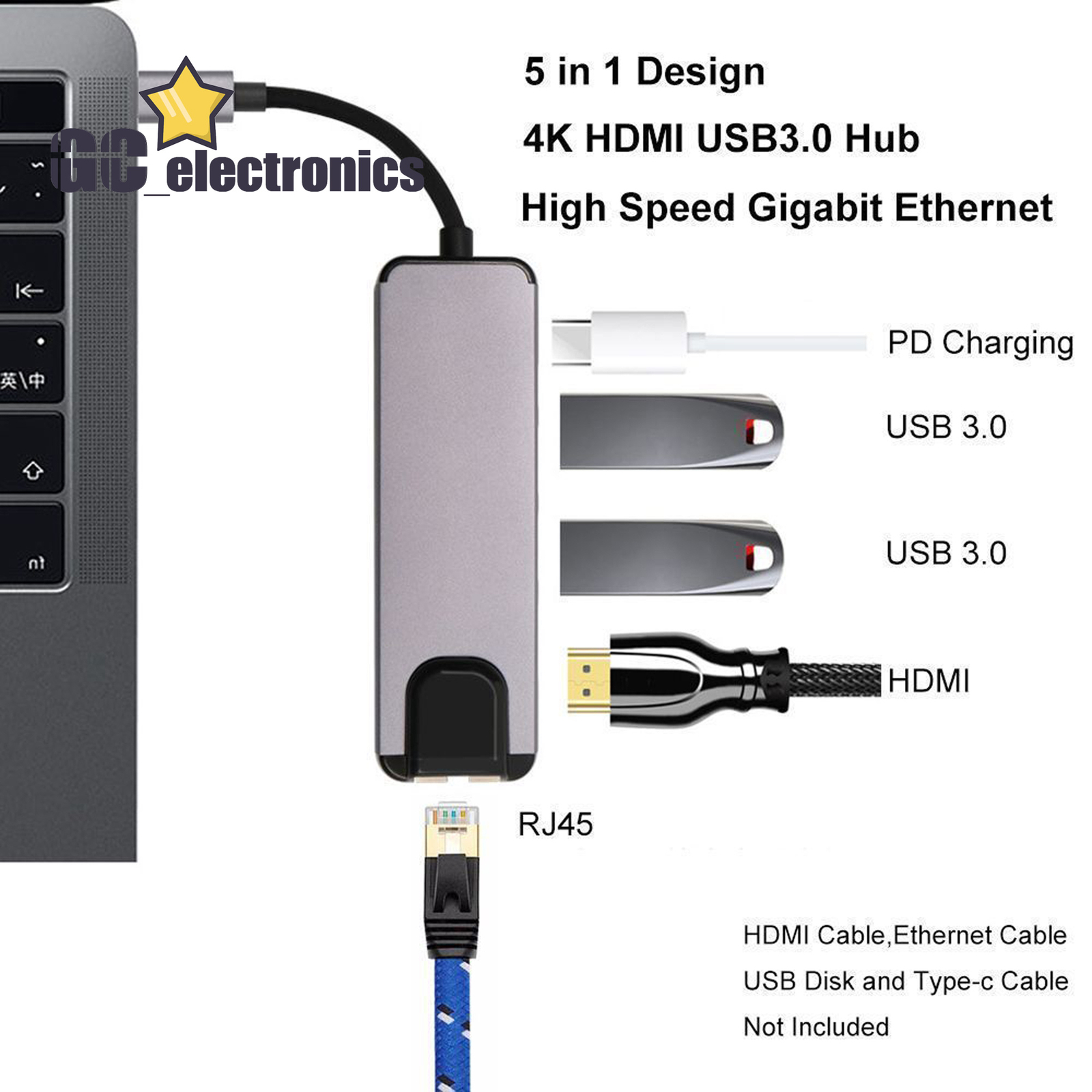 5 in 1 Type C to 4K HDMI USB 3.0 PD Charging Ethernet RJ45 Port Adapter A3GS